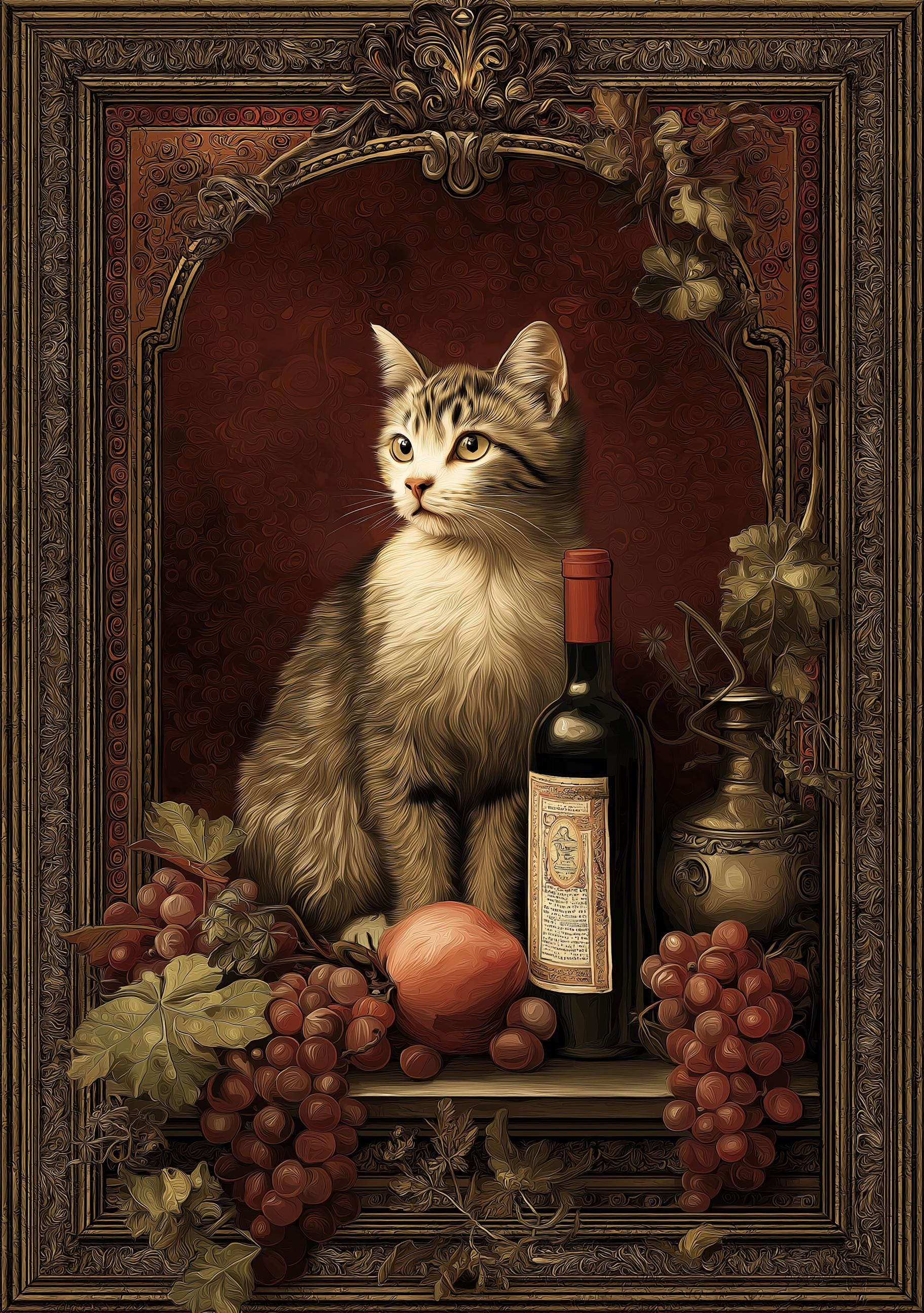 Baroque Cat Still Life Wine and Fruit Print