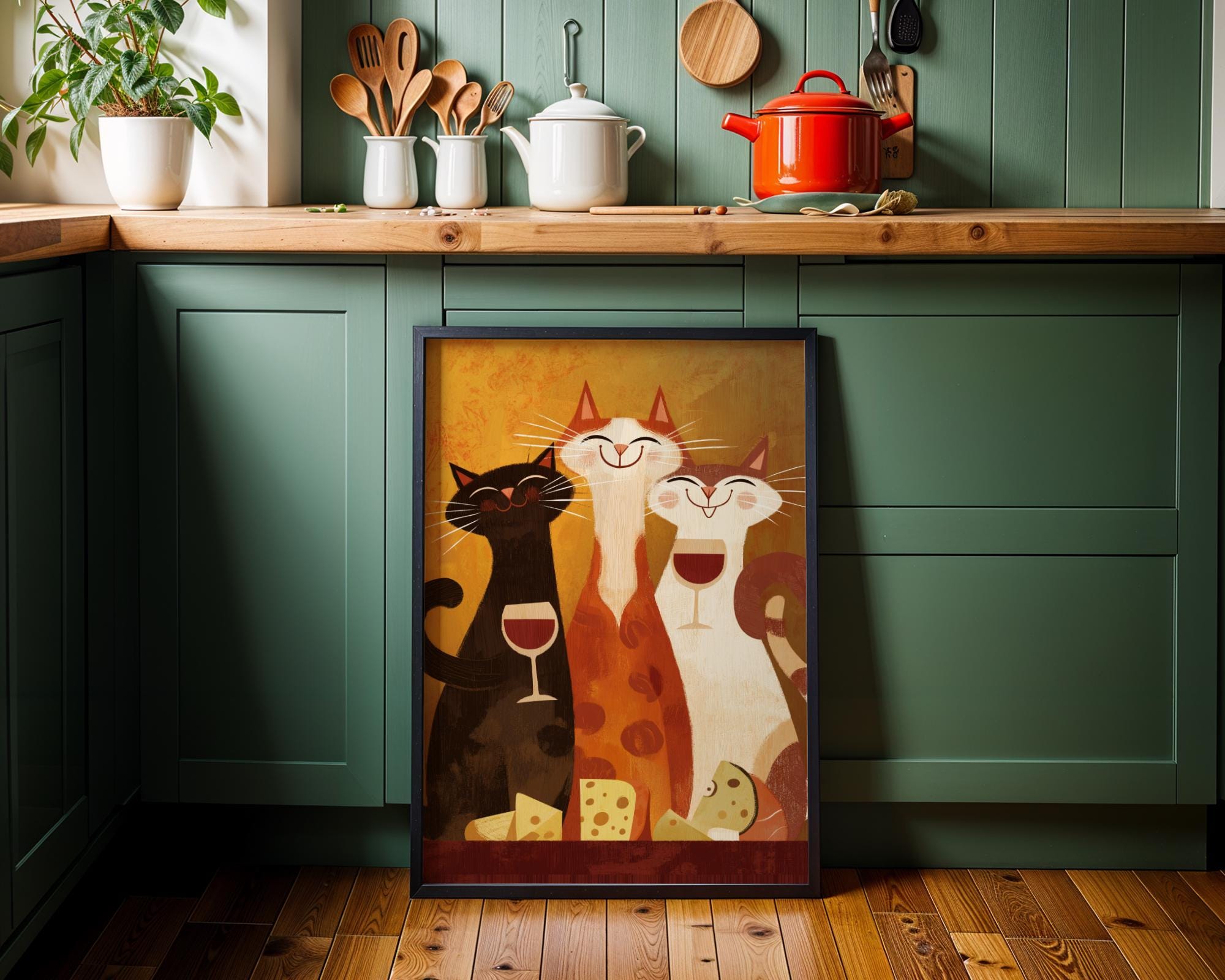 Mid Century Modern Cats Drinking Wine Print