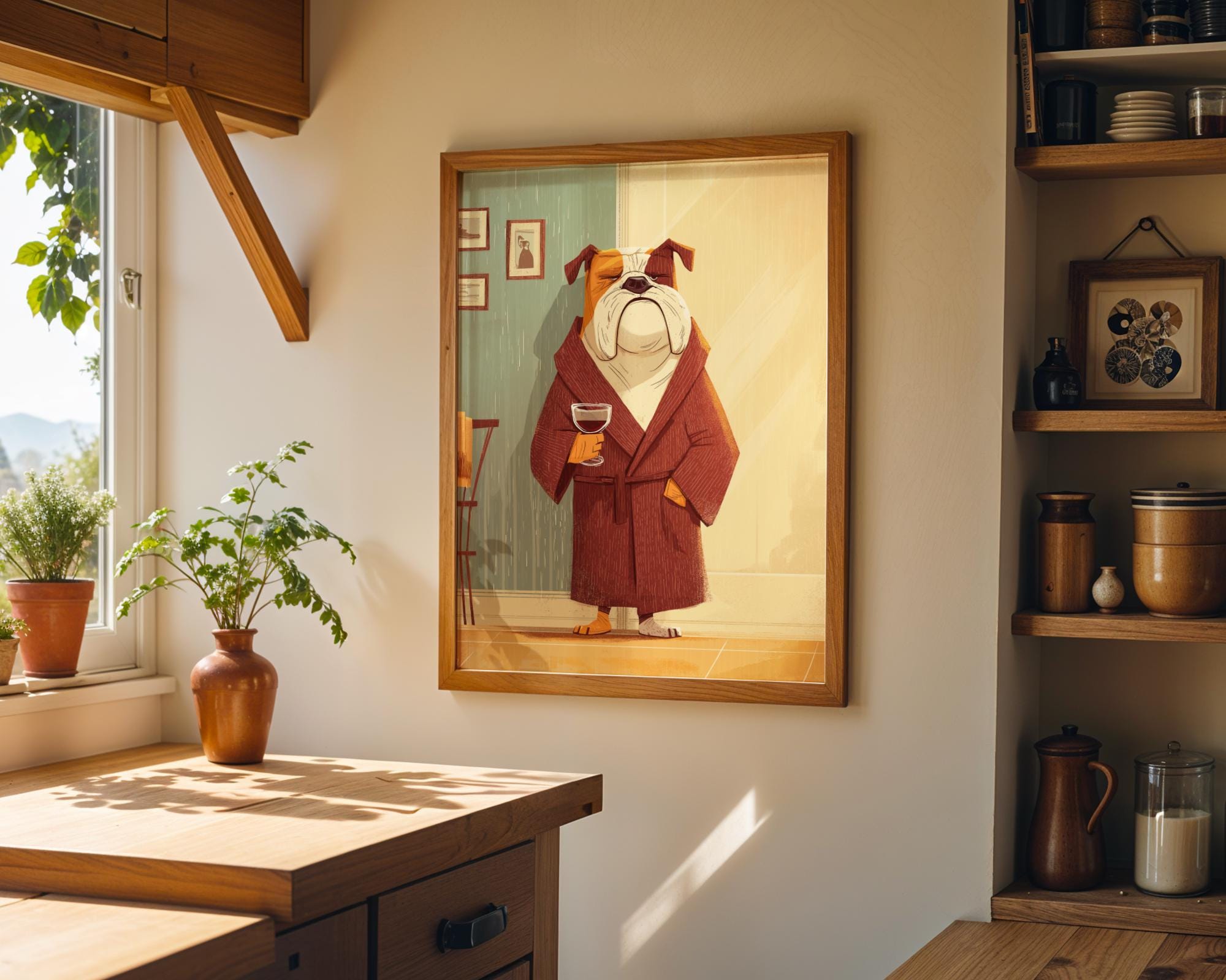 Funny Bulldog in Robe Drinking Wine Print 3