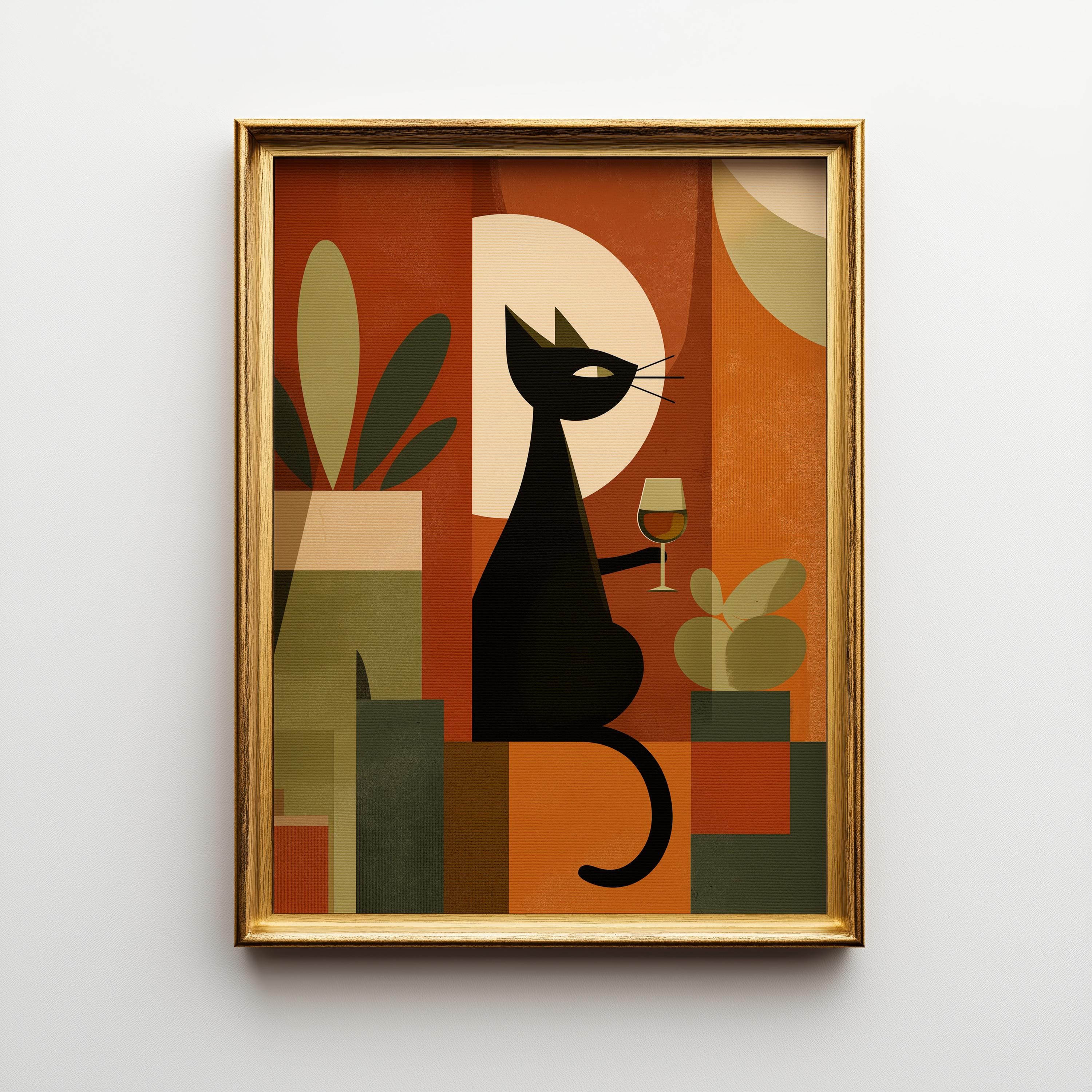 Cubist Cat With Wine Mid-Century Modern Wall Art 2