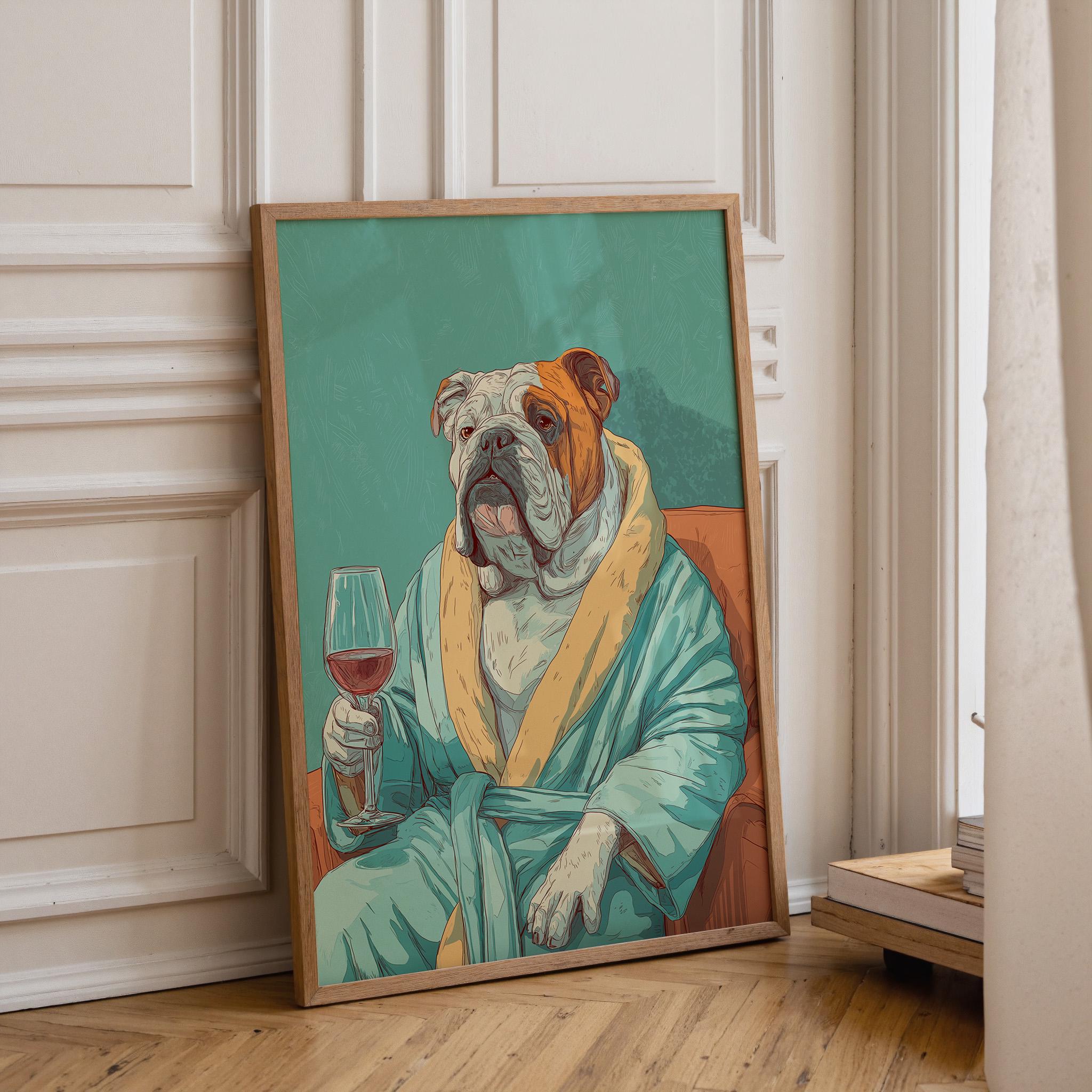 Funny Bulldog in Robe Drinking Wine Print