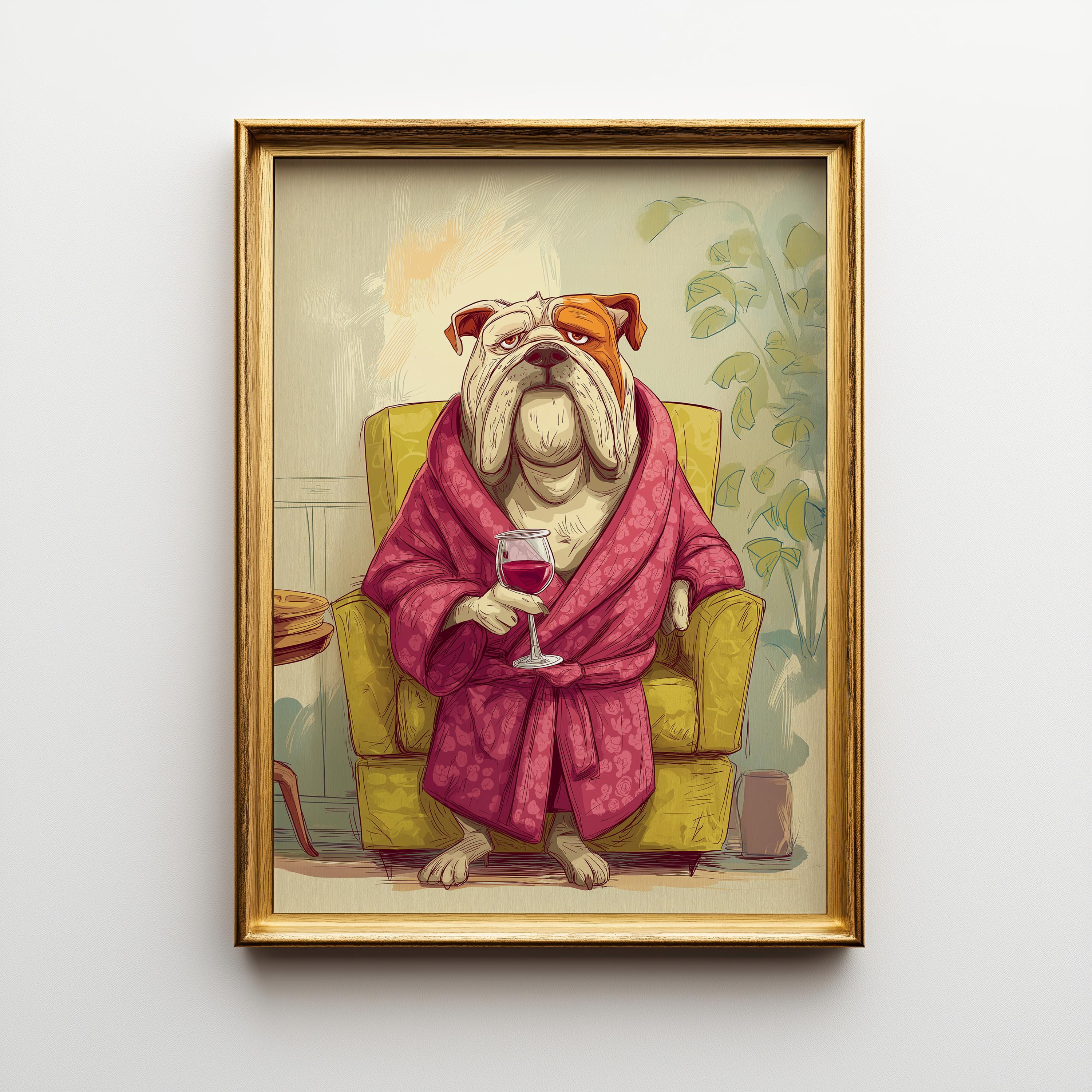 Funny Bulldog in Robe Drinking Wine Print 2