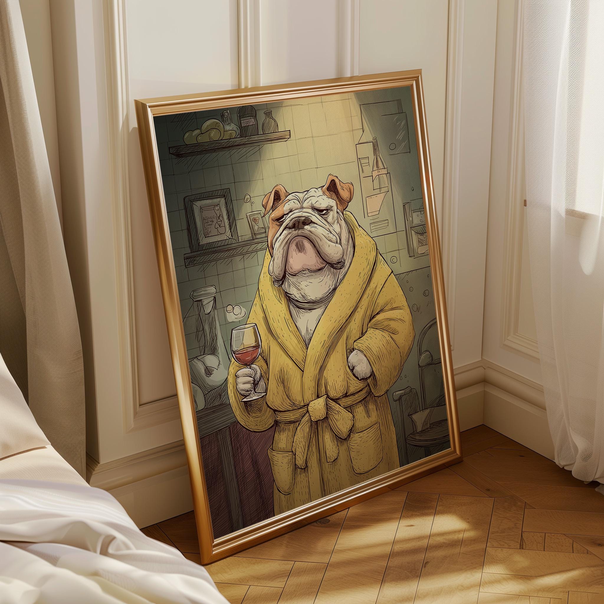 Funny Bulldog in Robe Drinking Wine Print 4