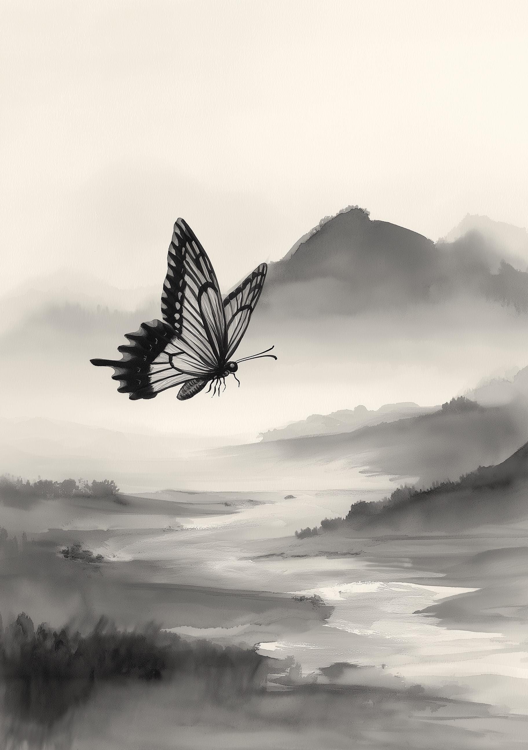 Zen Asian Landscape Butterfly Art