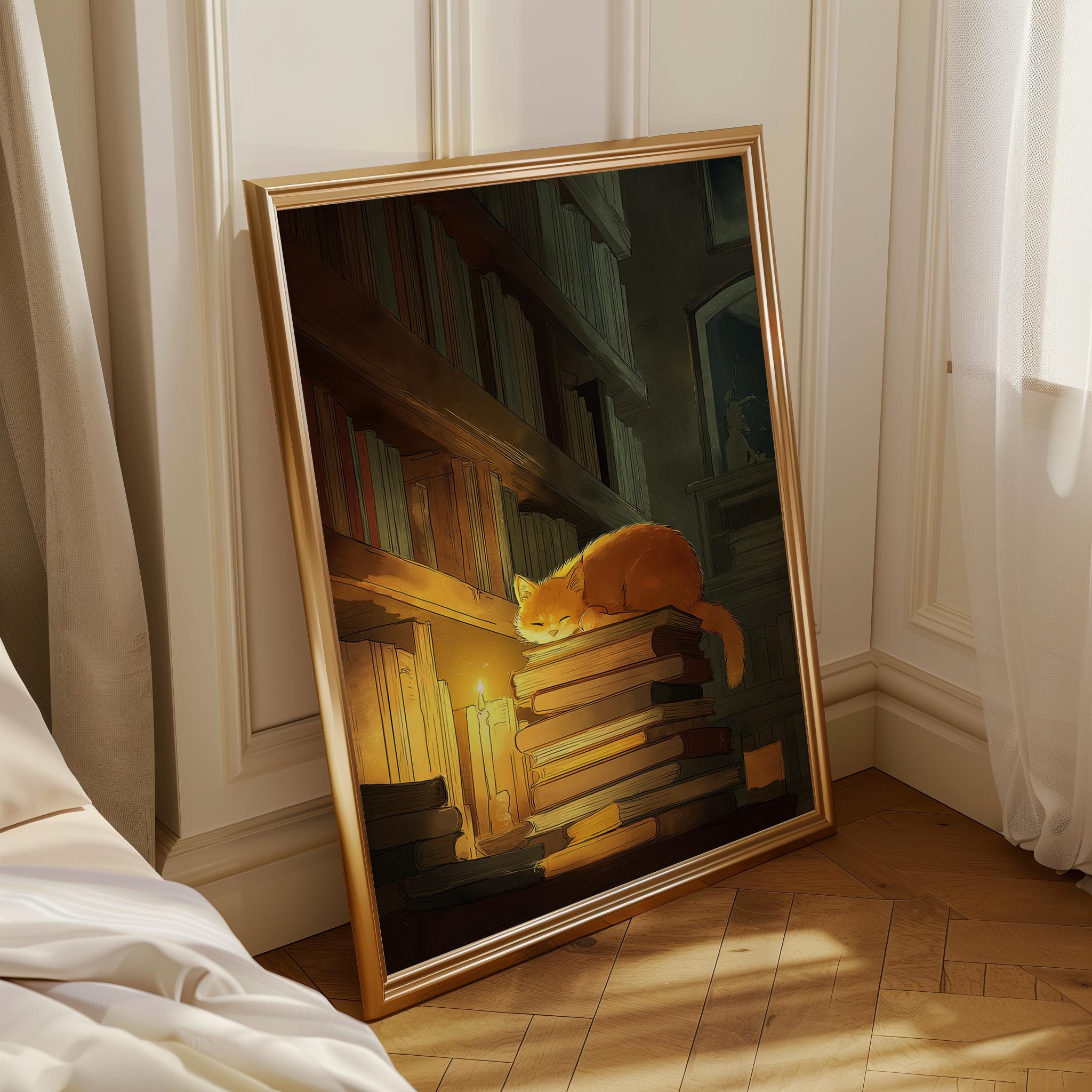 A framed art print depicting an orange cat resting on a stack of books illuminated by a candle in a library, leaning against a white paneled wall on a wooden floor.