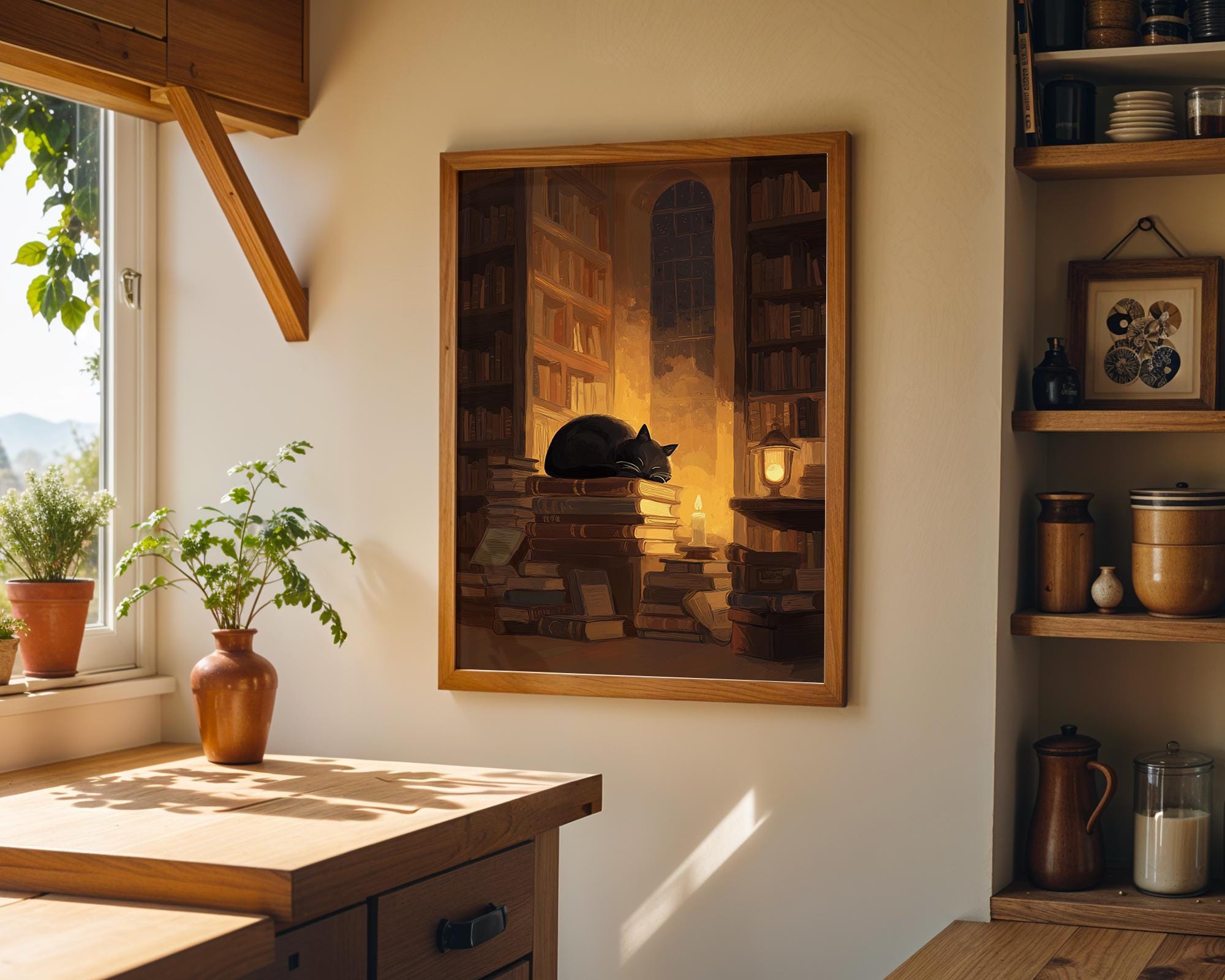 Dark Academia Cat Cozy Library Book Lover Wall Art