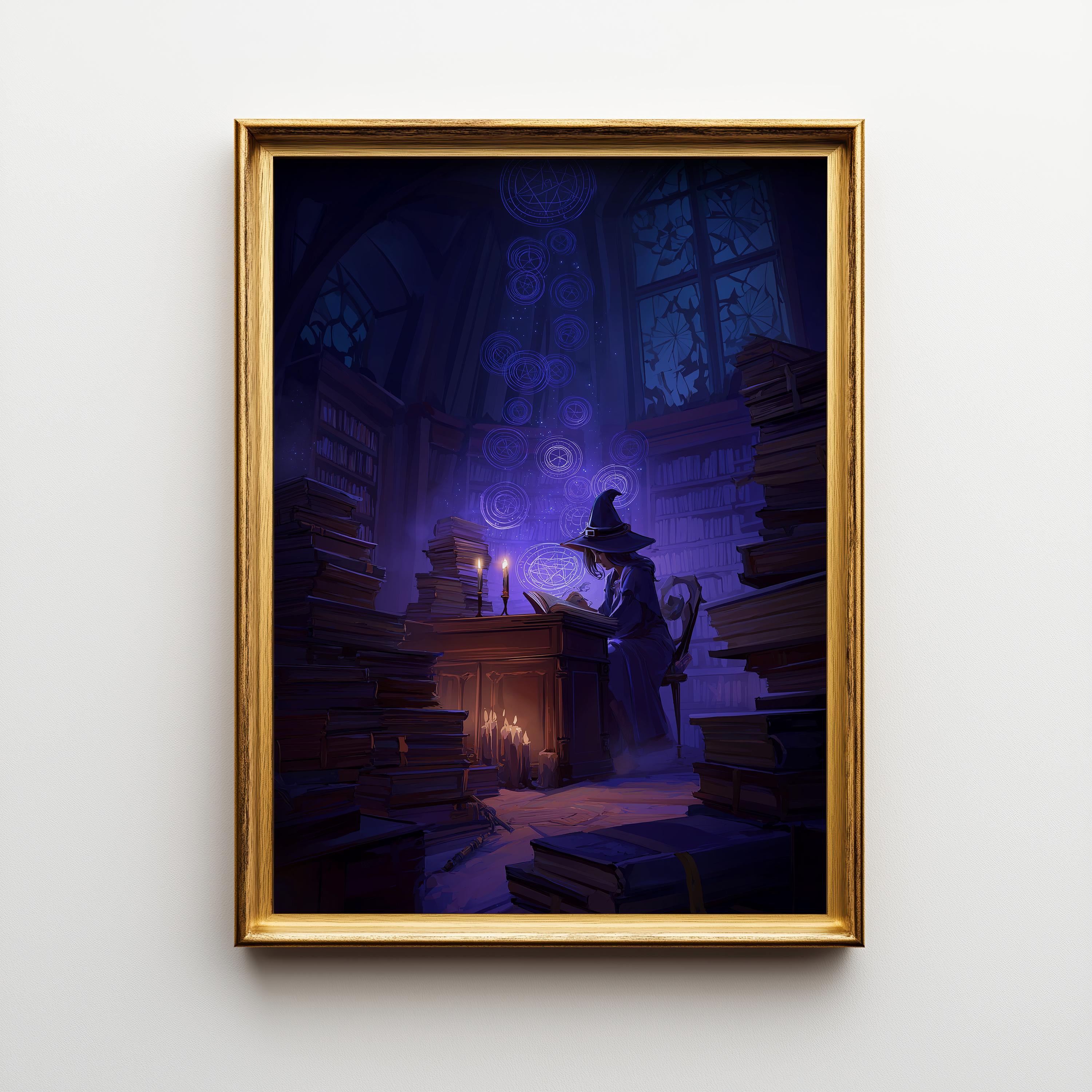 A framed art print depicting a dark, whimsical library scene with a wizard at a desk surrounded by stacks of books, in deep blue and purple tones, enclosed in a gold frame on a light gray wall.