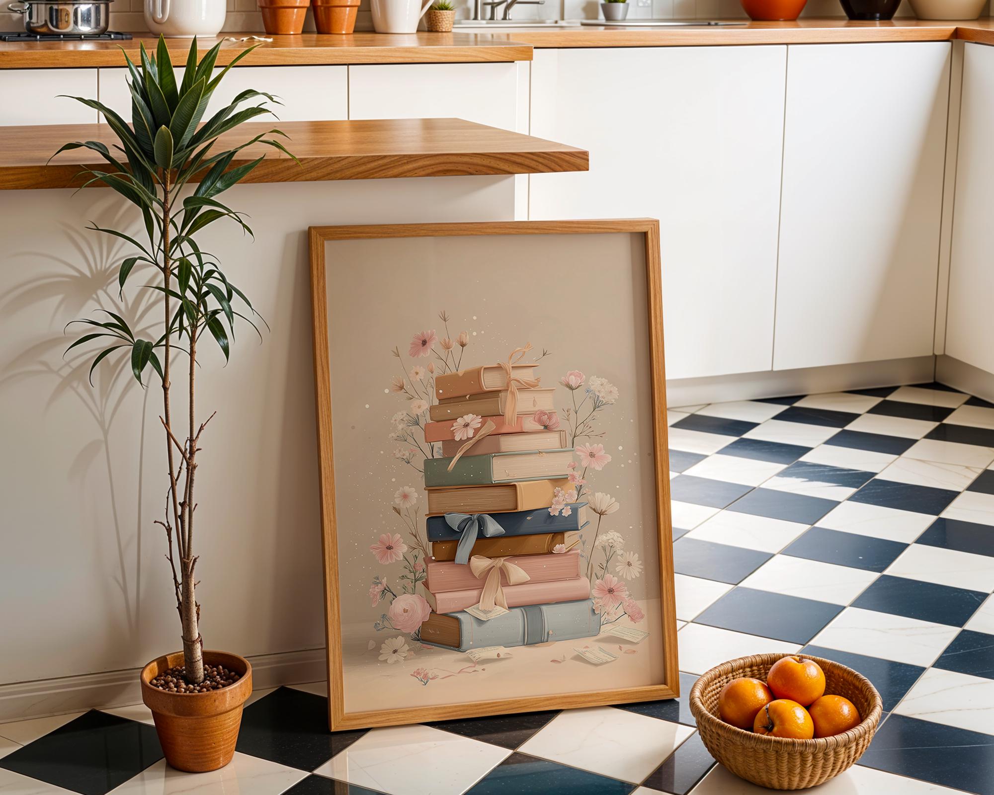 A framed art print leaning against a kitchen wall on a black-and-white checkered floor. The print shows a stack of pastel-colored books with flowers and ribbons.