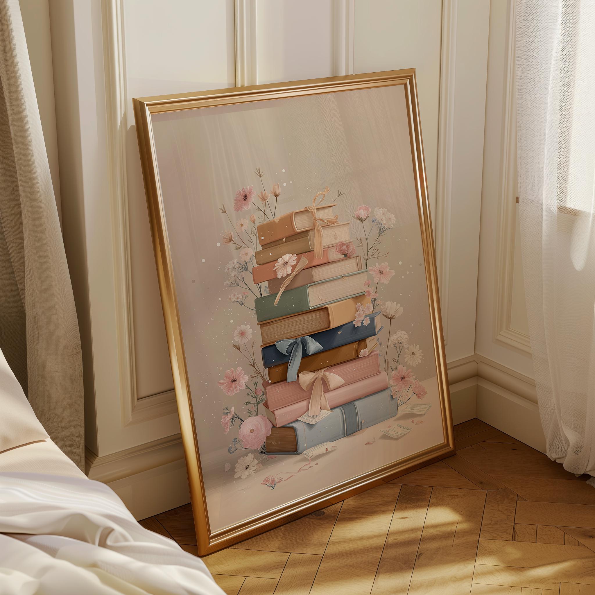 A framed art print leaning against a wall in a softly lit bedroom. The print shows a stack of books and gift boxes decorated with pink and white flowers, enclosed in a gold frame.
