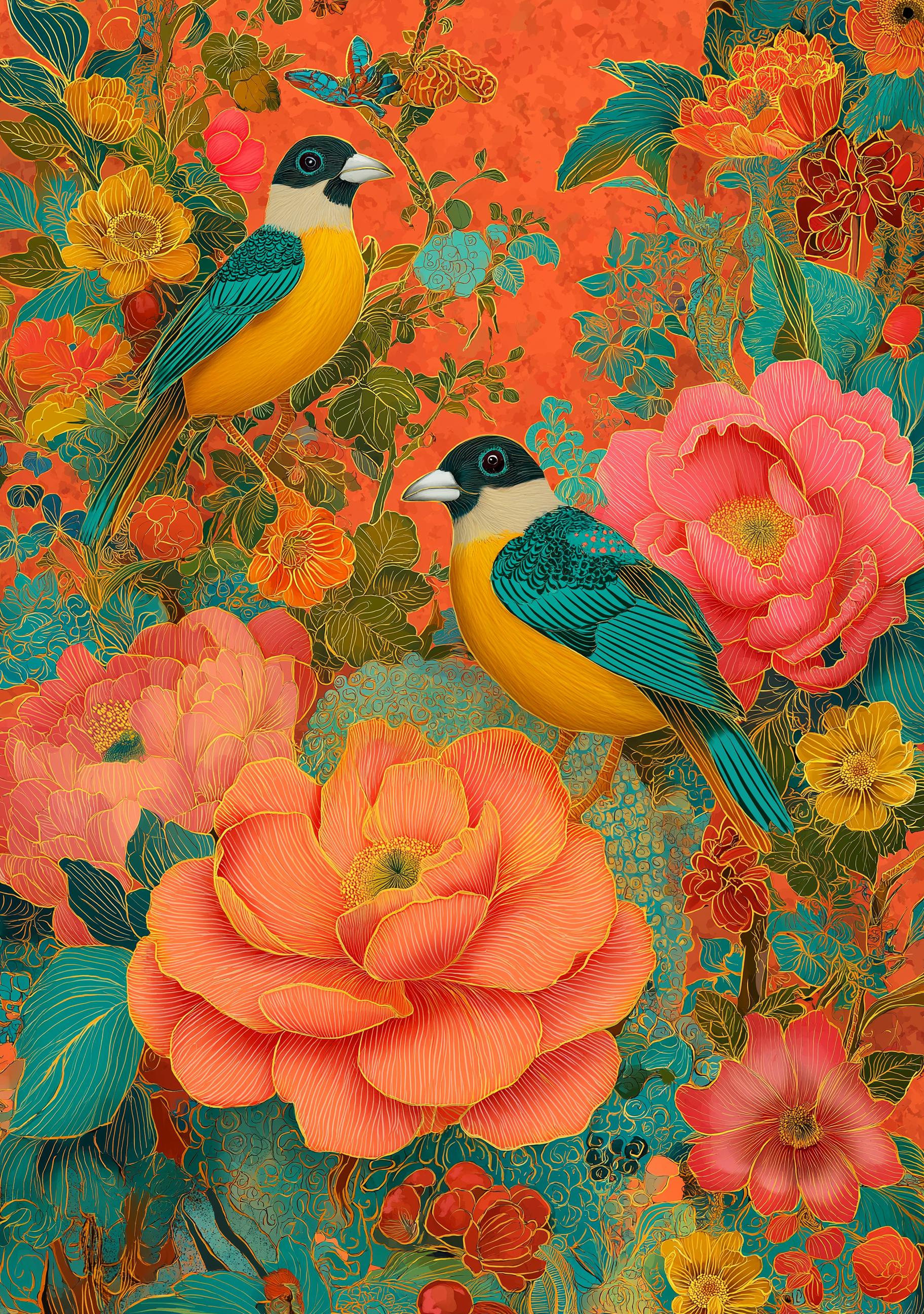 Teal & Pink Chinoiserie Bird Print