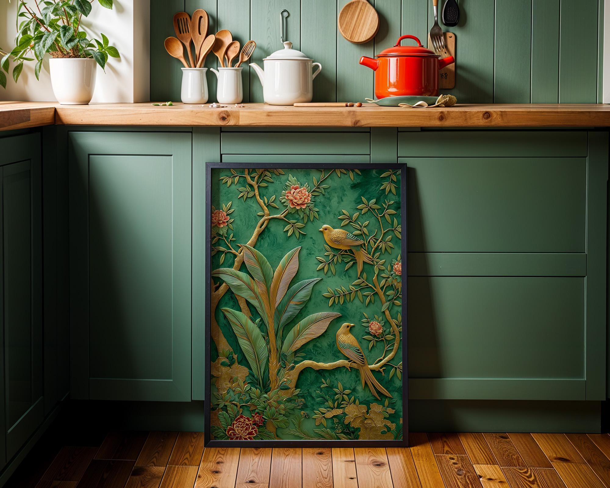 Emerald Green Chinoiserie Bird Wall Art