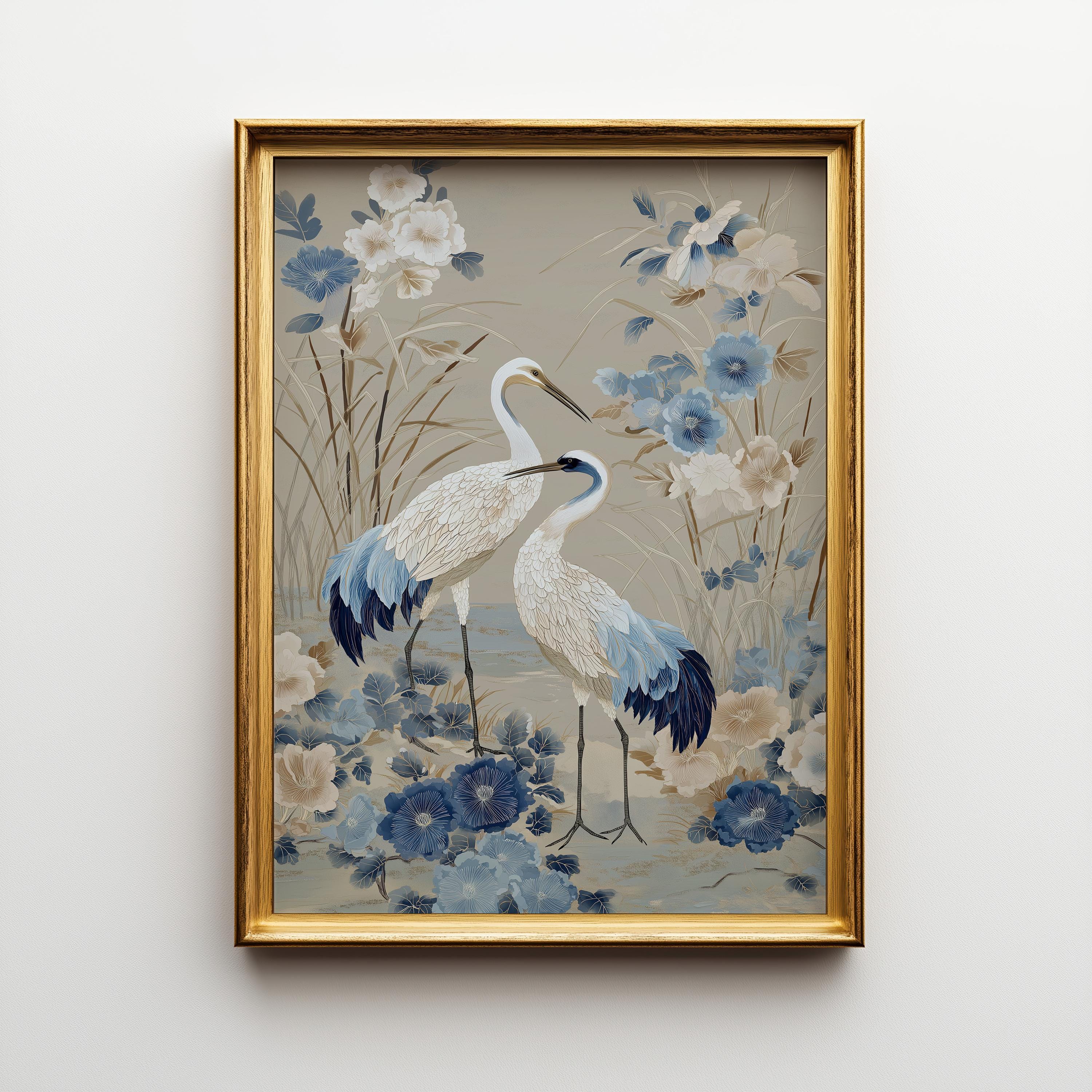 Blue & Beige Chinoiserie Crane Wall Art