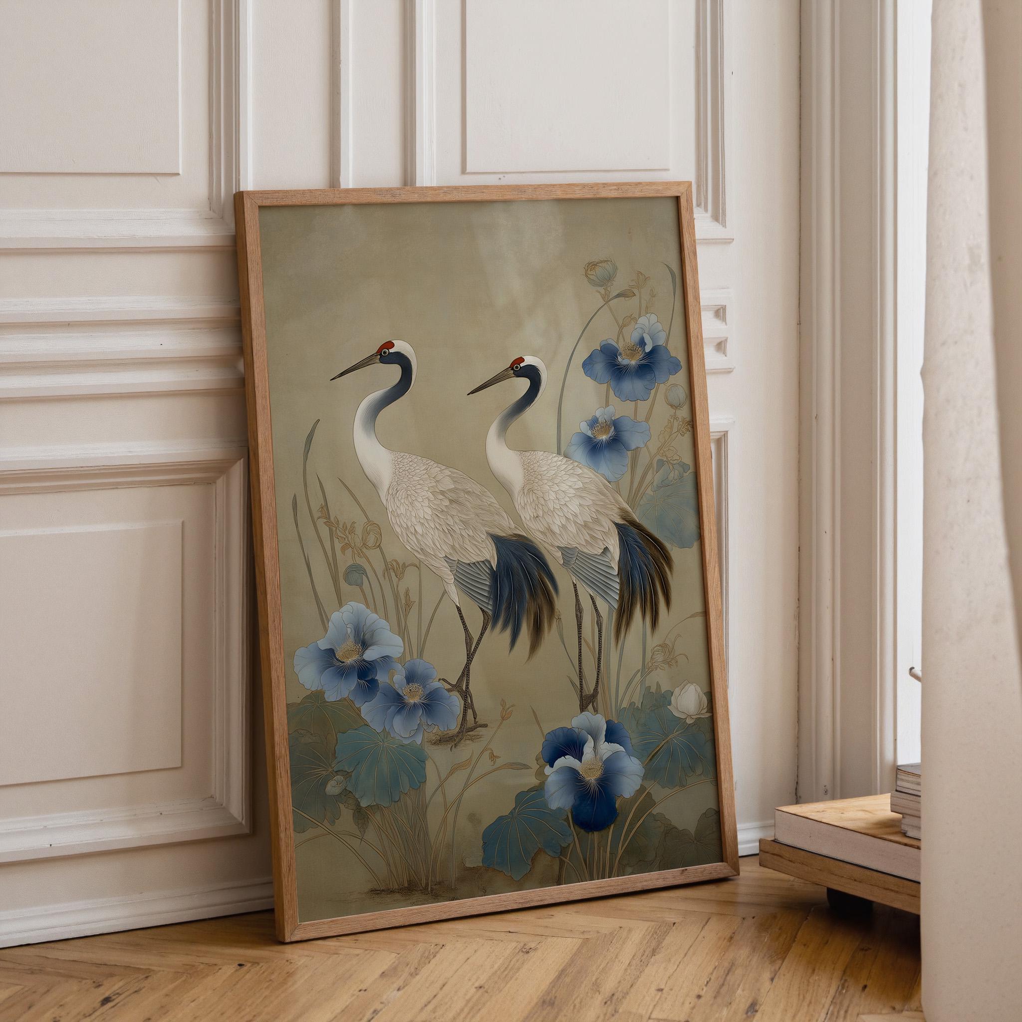 A framed art print featuring two cranes and blue flowers, leaning against a cream paneled wall on a light wood floor.