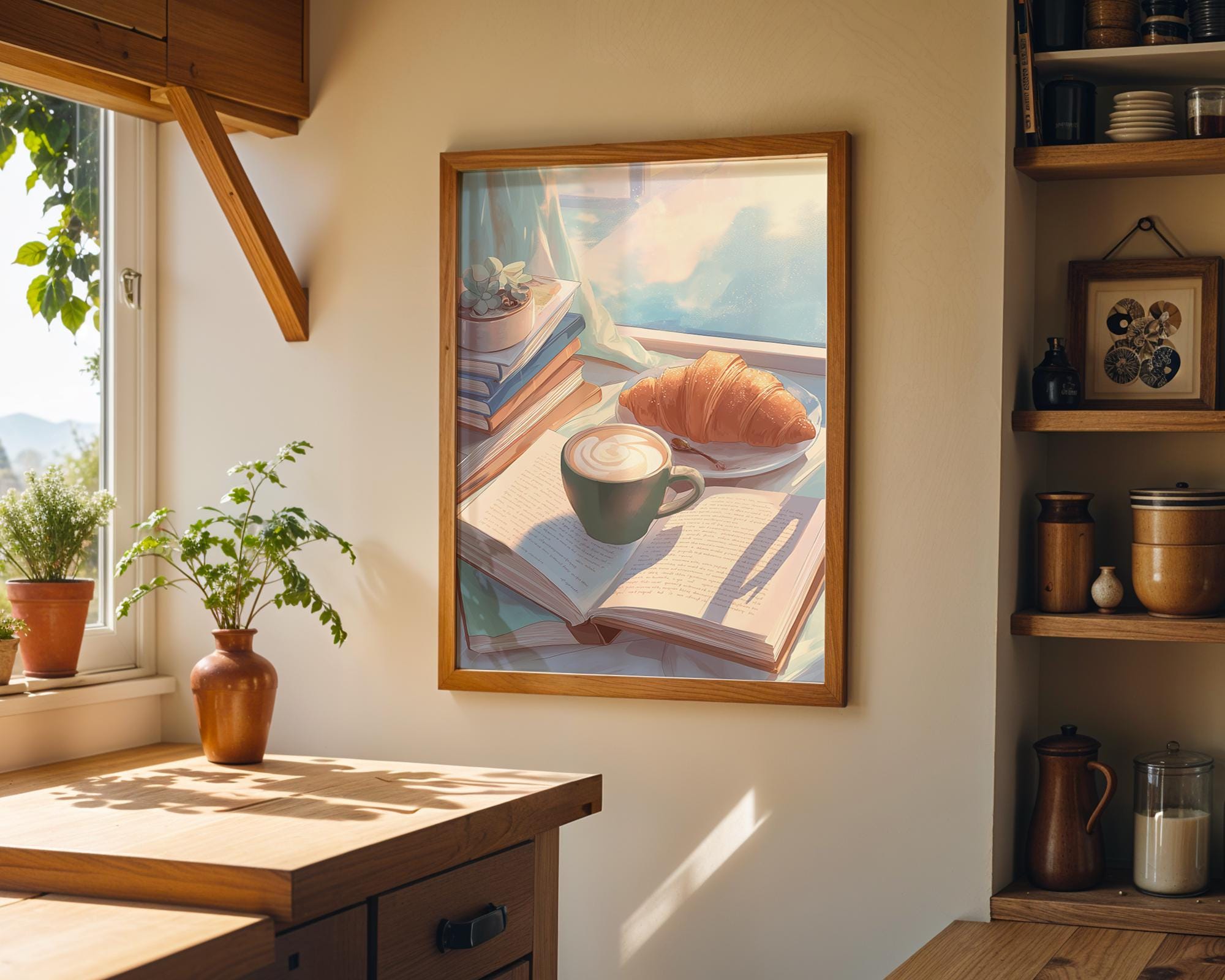 A framed art print depicting a cozy still life with a croissant, an open book, and a cup of coffee, hanging on a beige wall in a warm, rustic kitchen setting.