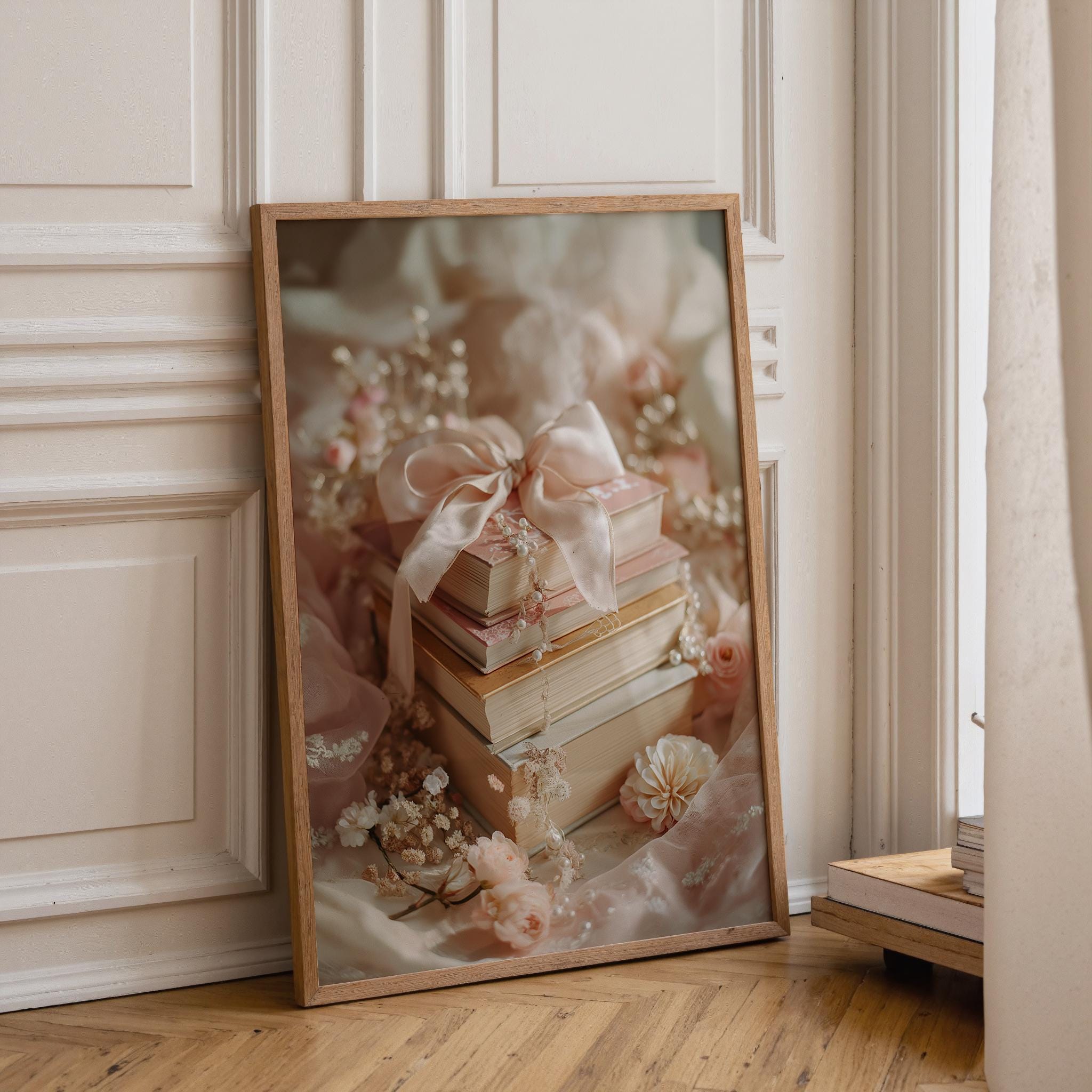 Coquette Pink Floral Library Book Stack Wall Ar