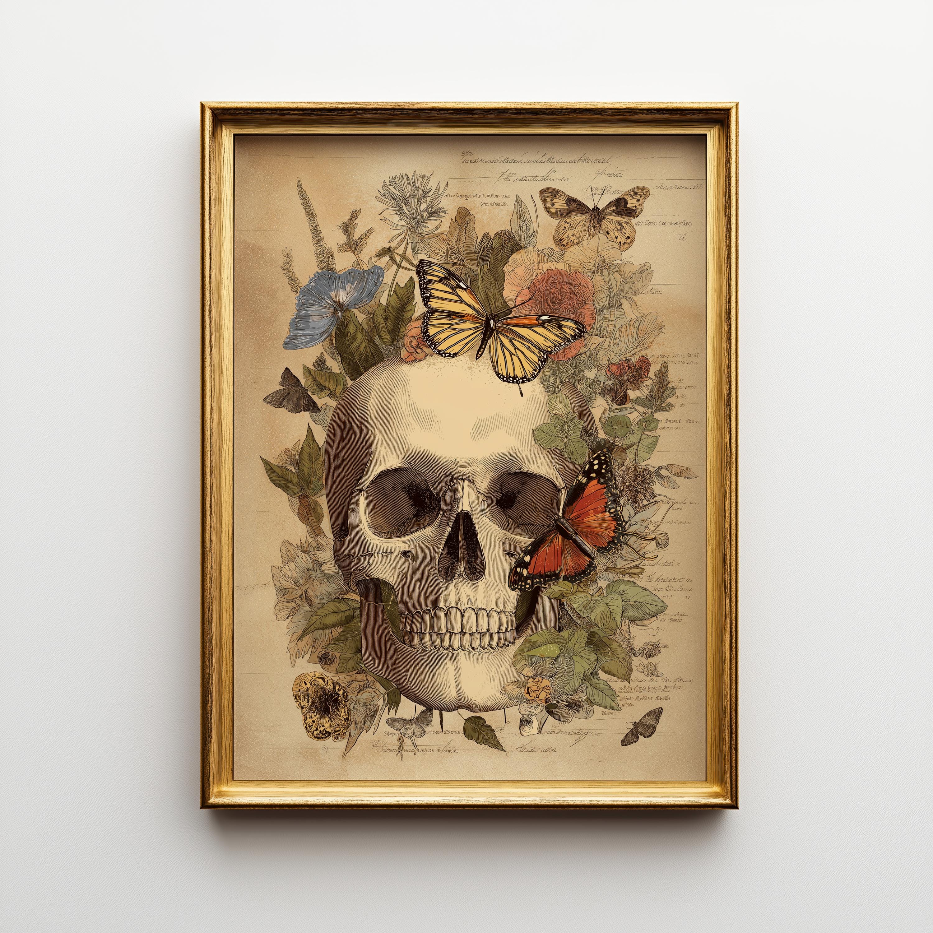 A framed art print featuring a vintage-style illustration of a human skull surrounded by butterflies, flowers, and botanical elements on a beige background, enclosed in a gold frame and mounted on a light gray wall.