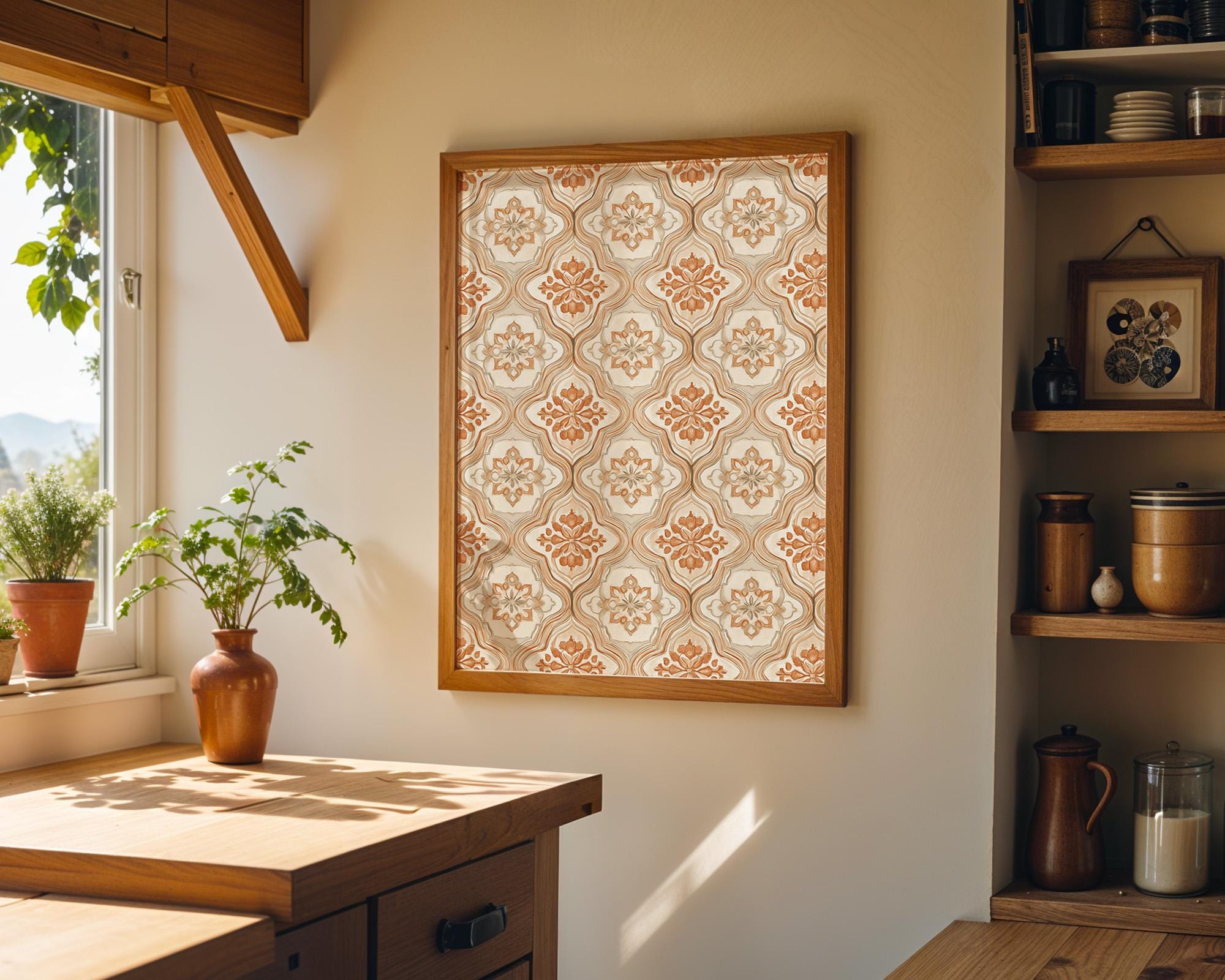 Moroccan Tile Pattern Neutral Boho Beige Terracotta Floral Geometric Wall Art by The Wall Art Studio