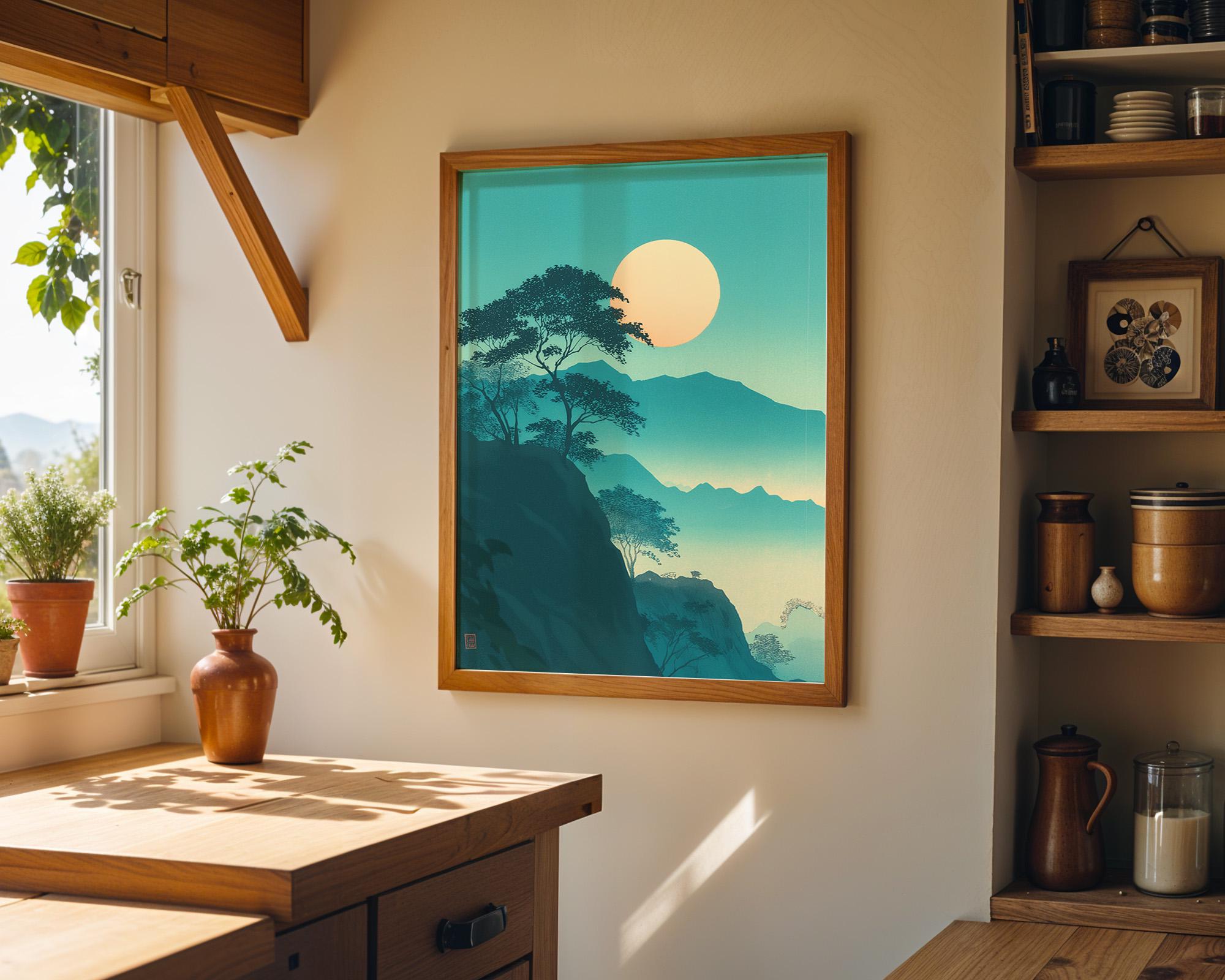 Japanese Moon Mountain Teal Landscape Wall Art by The Wall Art Studio