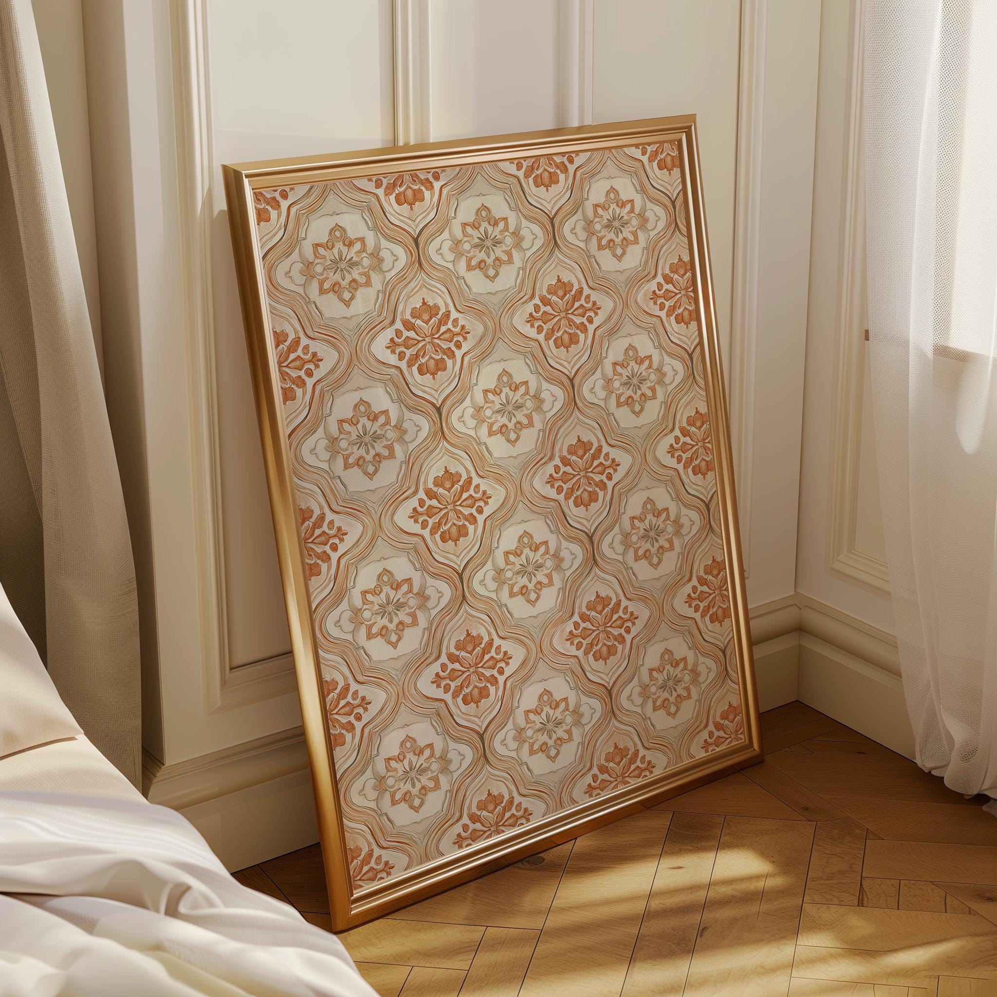 Moroccan Tile Pattern Neutral Boho Beige Terracotta Floral Geometric Wall Art by The Wall Art Studio