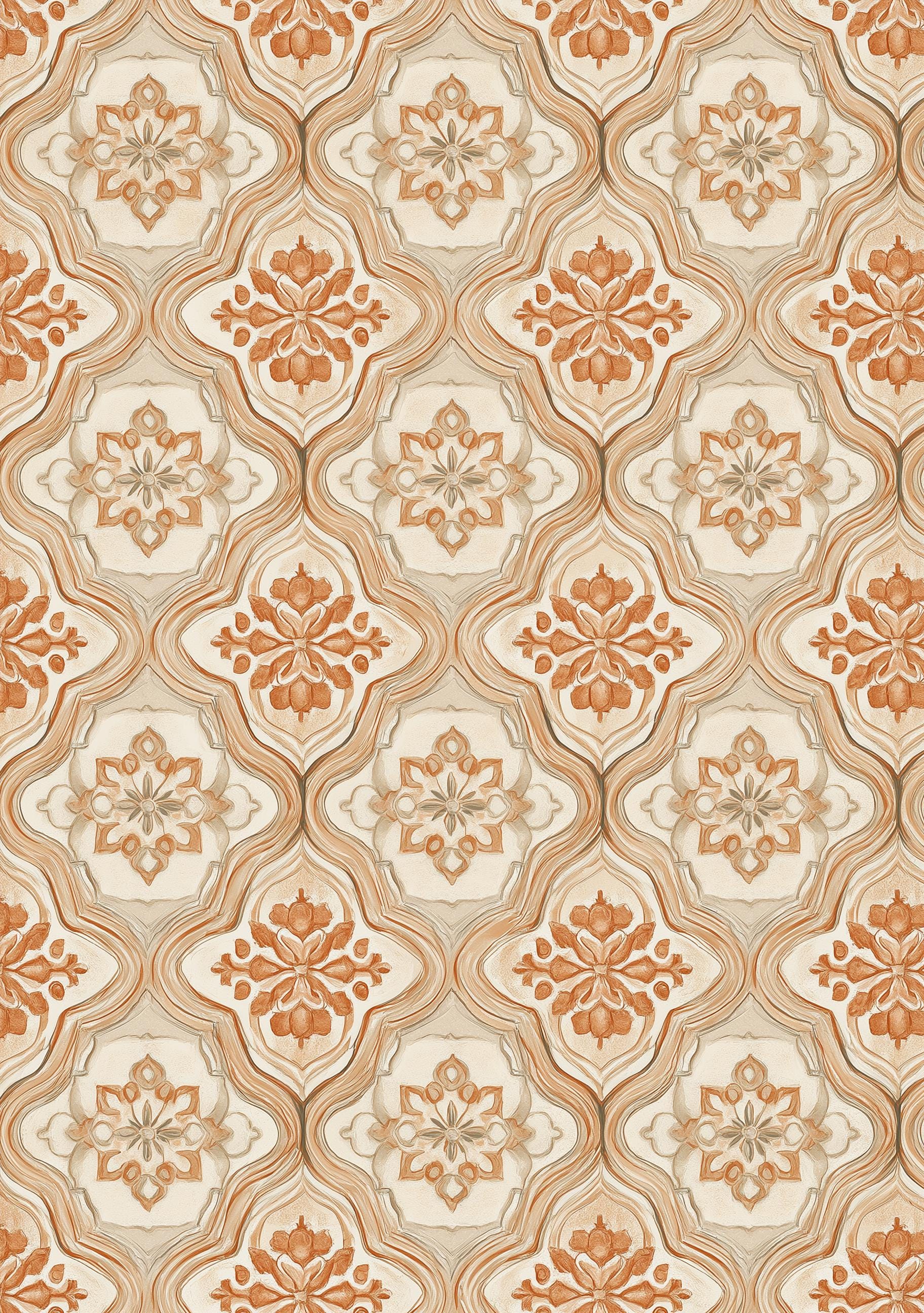 Moroccan Tile Pattern Neutral Boho Beige Terracotta Floral Geometric Wall Art by The Wall Art Studio