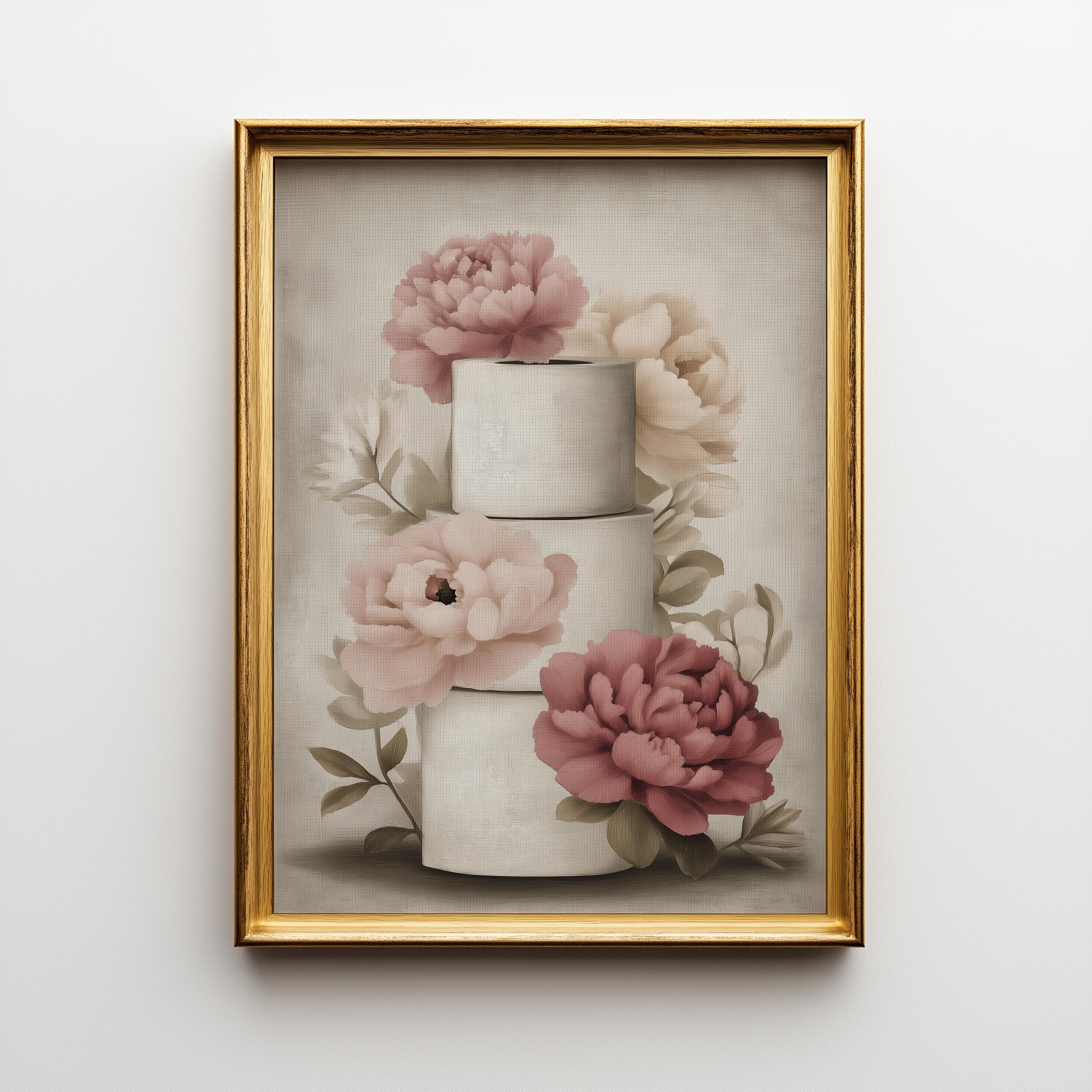 A framed art print featuring a surreal illustration of three stacked white cylindrical forms adorned with large pink and cream peonies, set in a gold frame against a light gray wall.