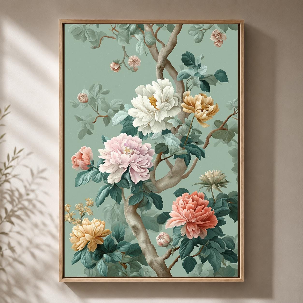 Sage Green Chinoiserie Peony Framed Canvas