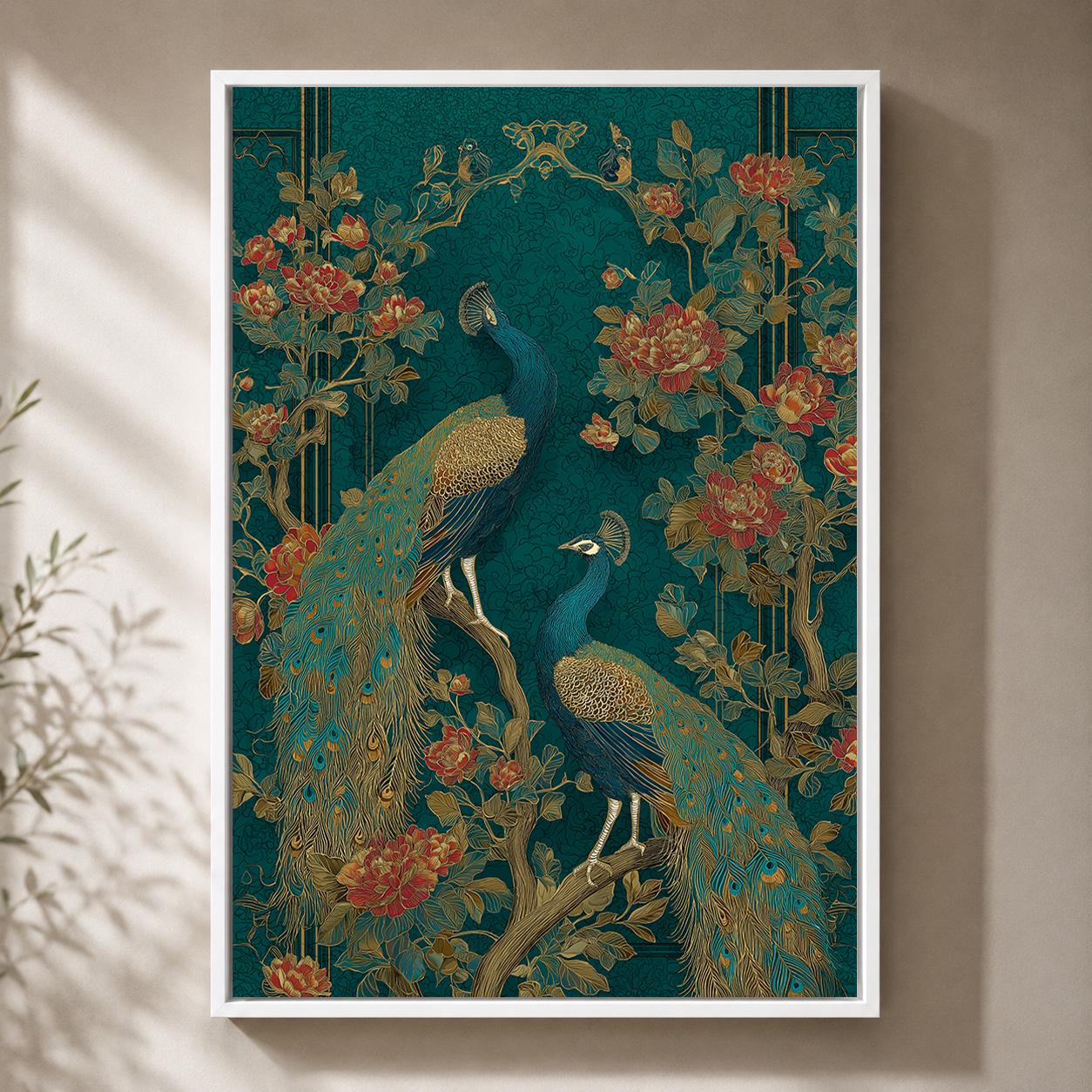 Teal & Gold Peacock Chinoiserie Framed Canvas