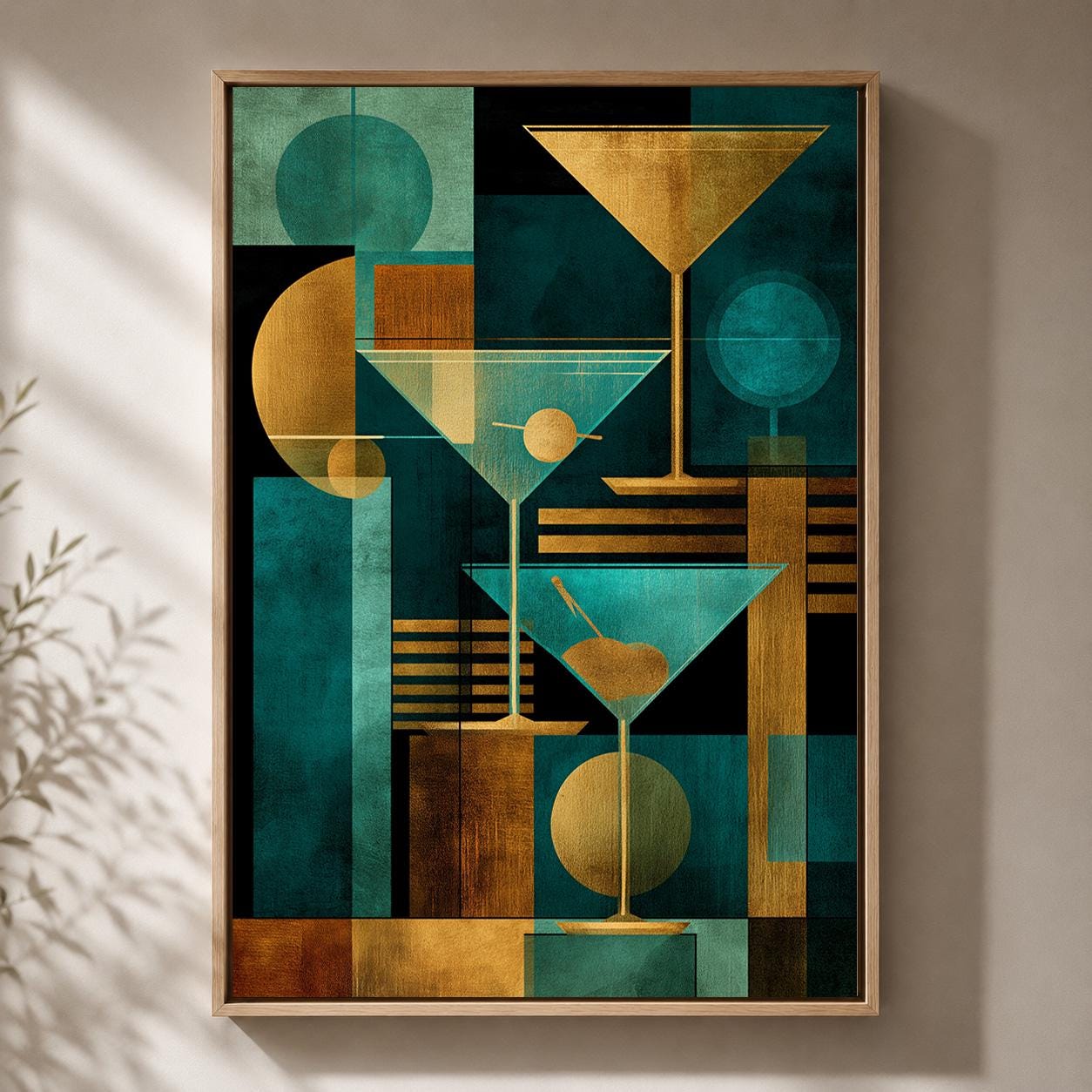 Teal & Gold Art Deco Martini Framed Canvas