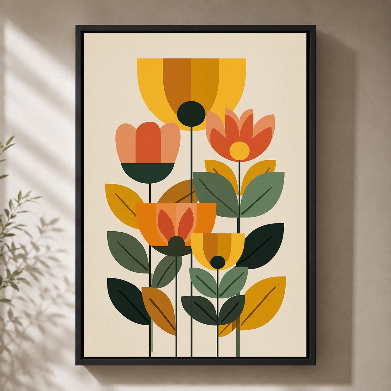 Mid Century Modern Floral Scandinavian Framed Canvas Art