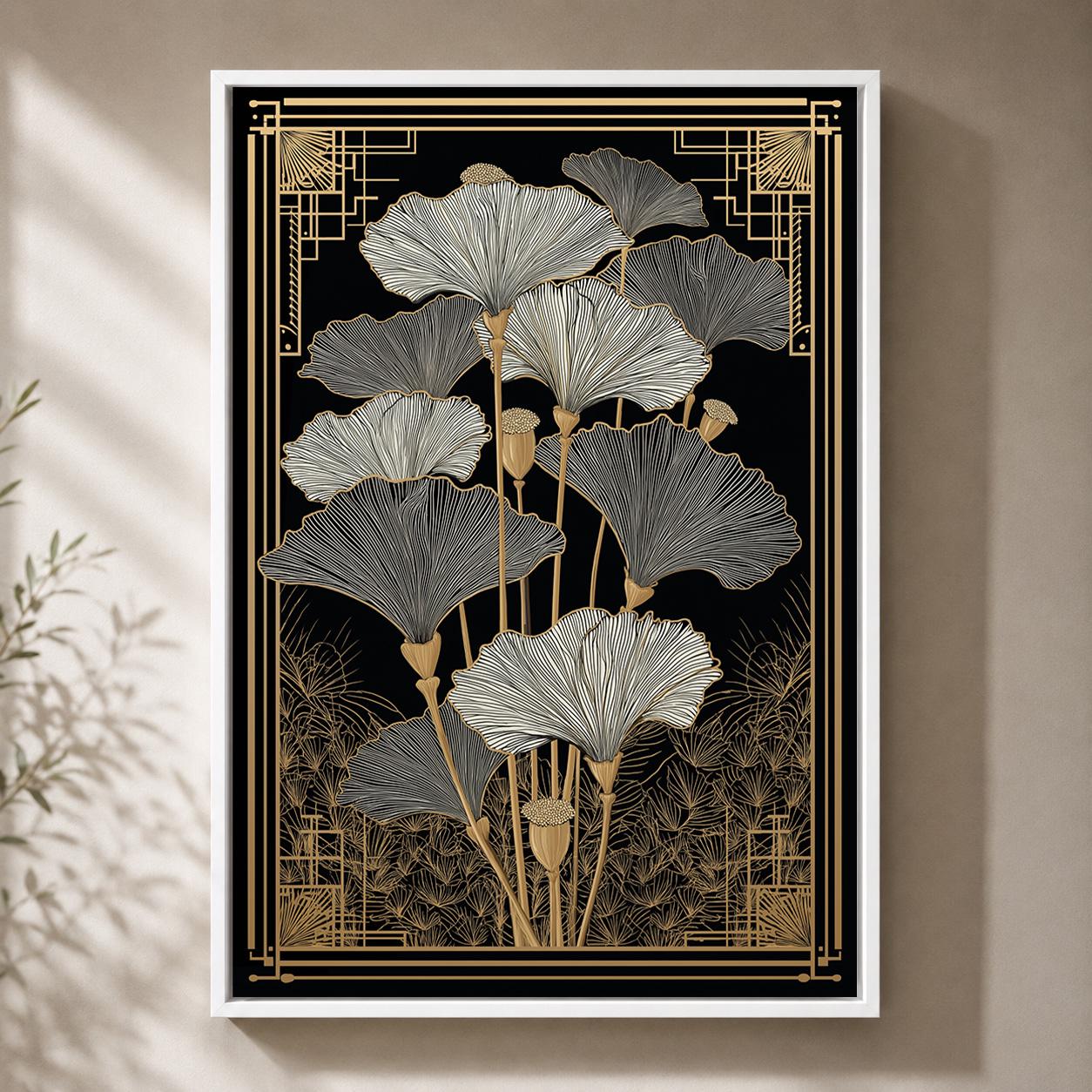 Black & Gold Art Deco Ginkgo Leaf Framed Canvas Art