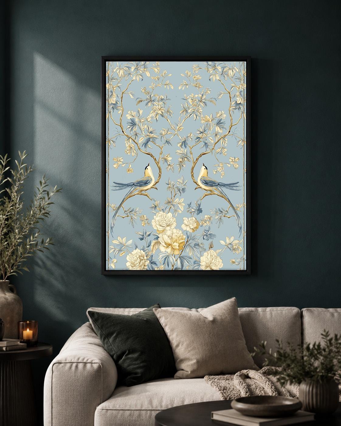 Blue Chinoiserie Bird Framed Canvas Art