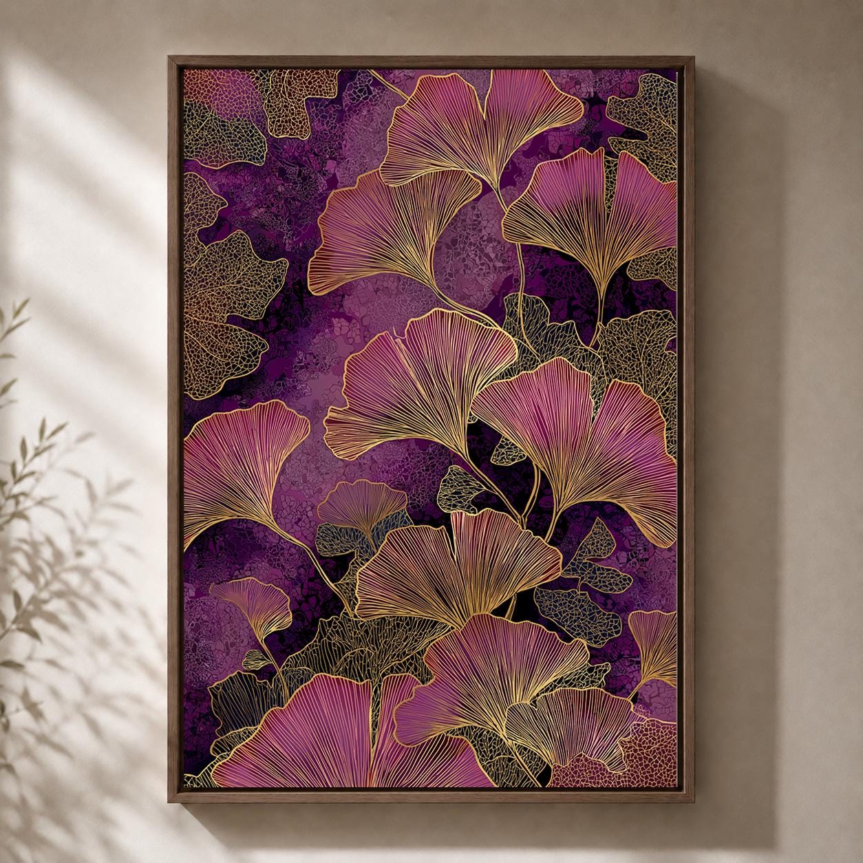 Purple Ginkgo Leaf Framed Canvas