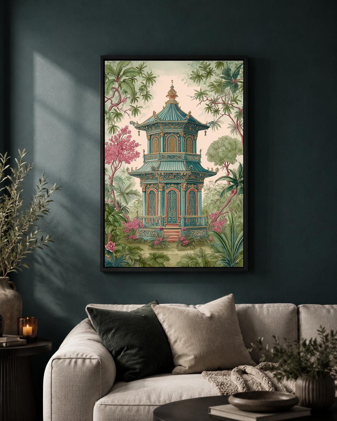 Chinoiserie Vintage Pagoda Landscape Framed Canvas