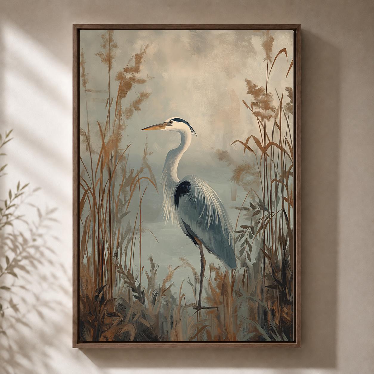Heron in Marsh Framed Canvas