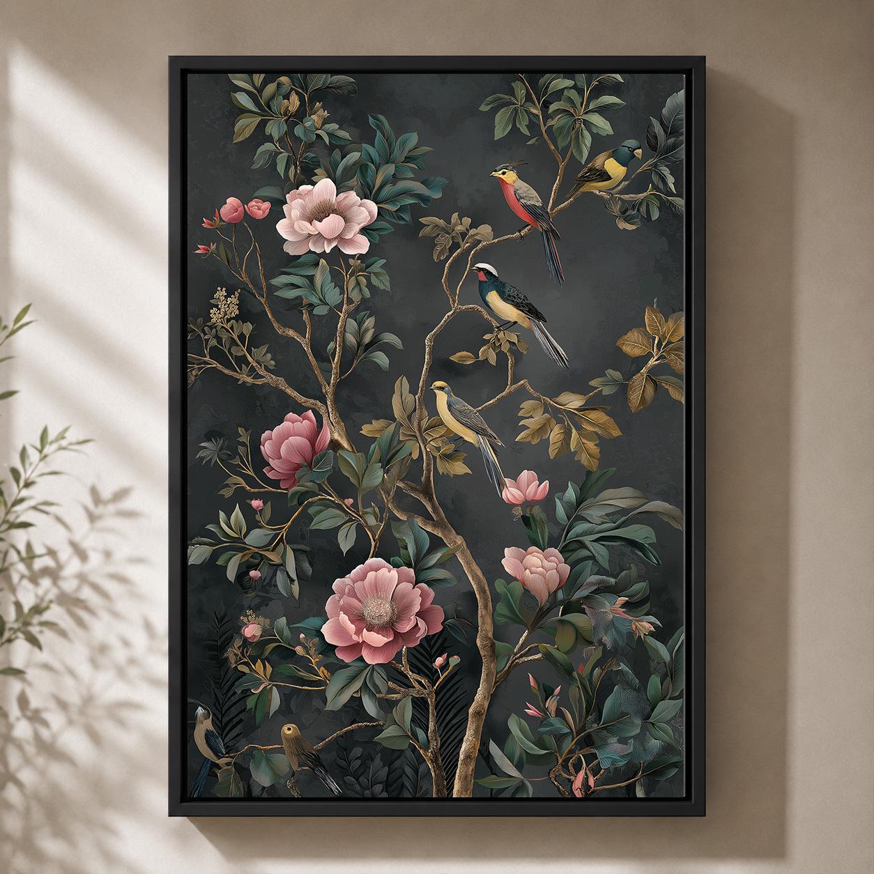 Dark Chinoiserie Floral Bird Framed Canvas Art