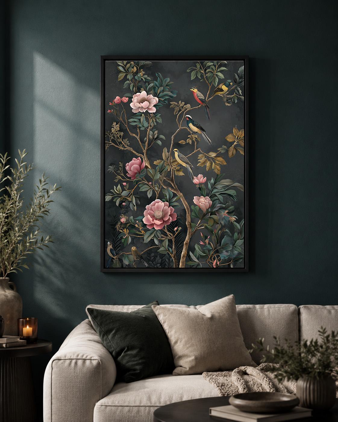 Dark Chinoiserie Floral Bird Framed Canvas Art