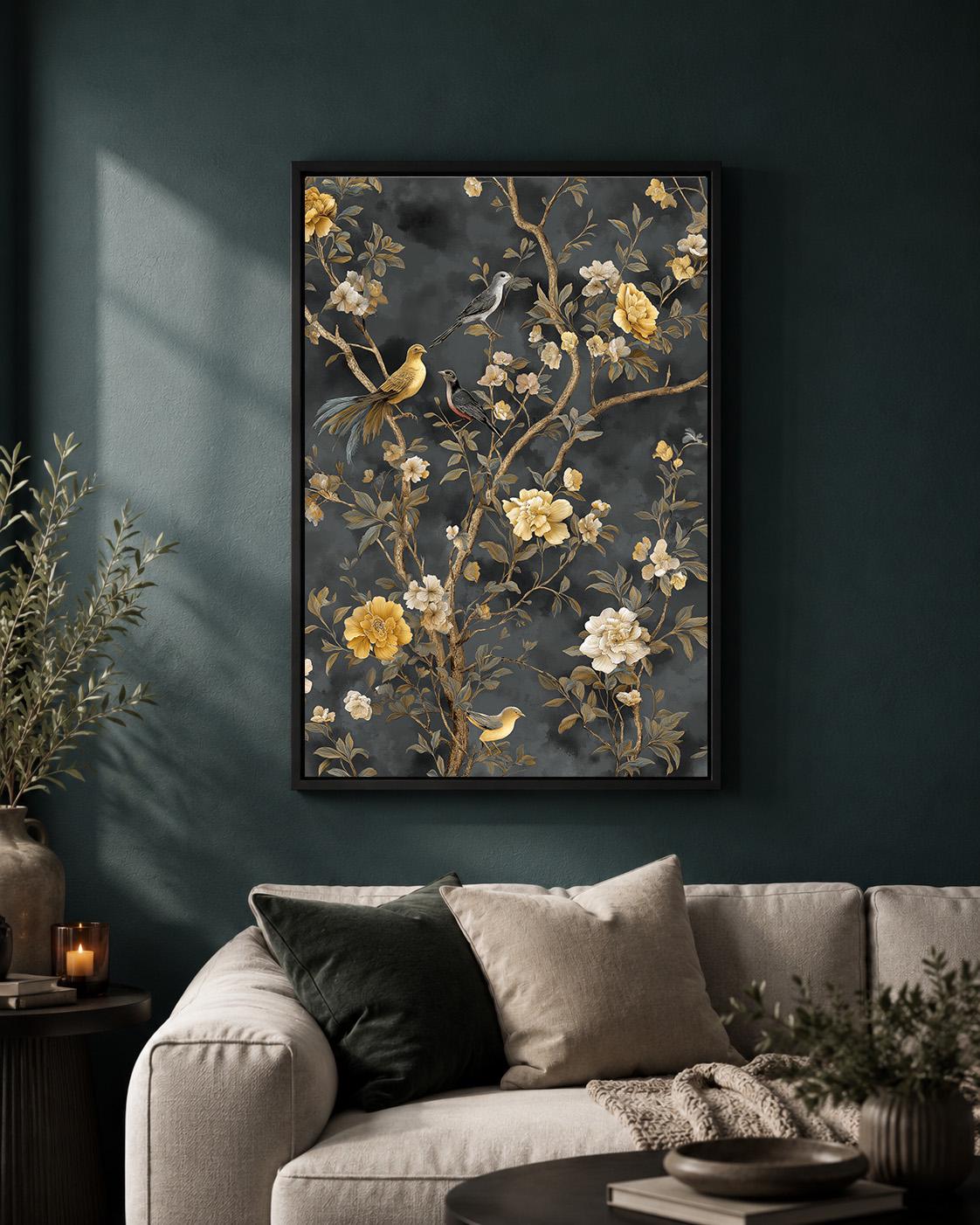 Dark Chinoiserie Floral Bird Framed Canvas Art