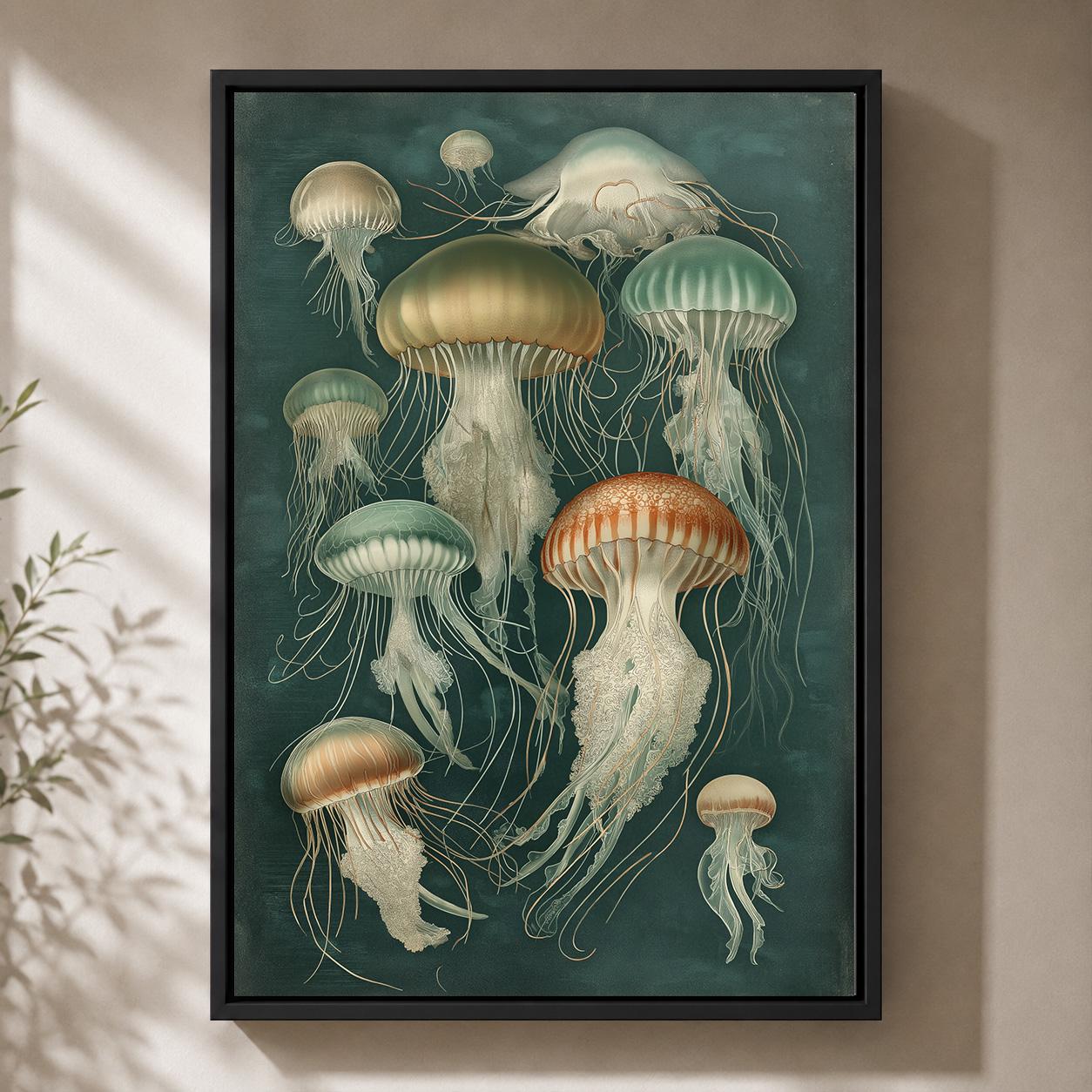 Vintage Jellyfish Framed Canvas Wall Art