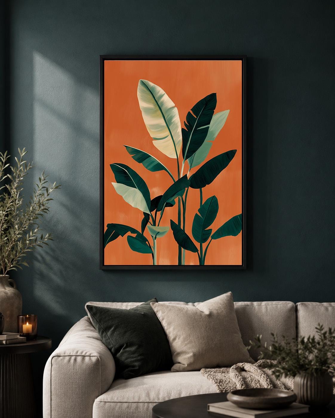 Orange Tropical Leaf Mid Century Modern Framed Canvas Art