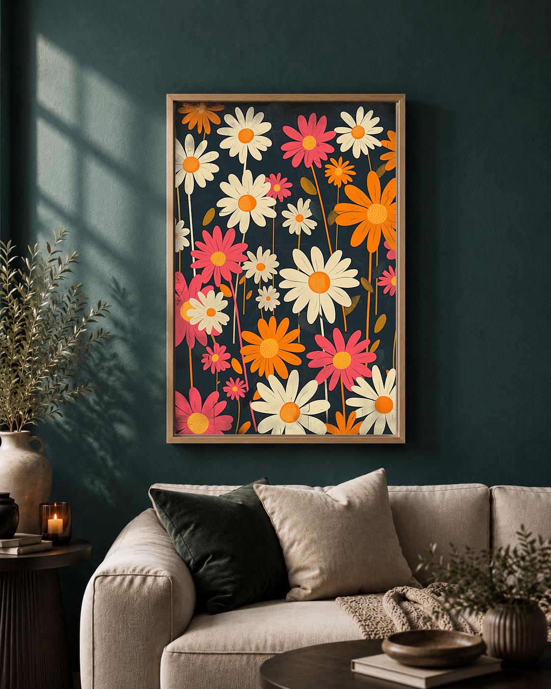 1960s Mod Daisy Retro Floral Framed Canvas Wall Art