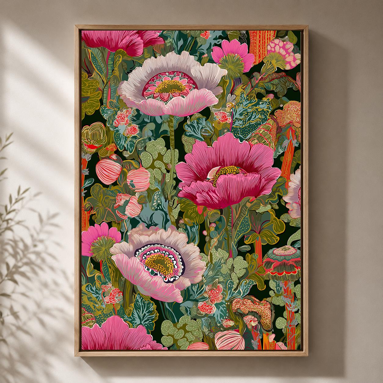 Maximalist Pink Floral Cottagecore Framed Canvas Art