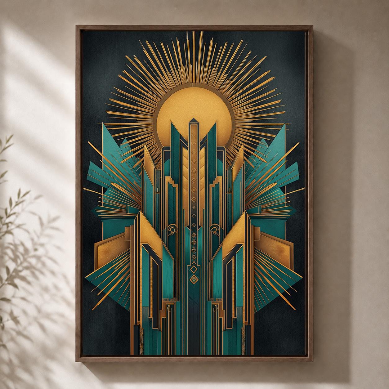 Art Deco Teal Gold Geometric Framed Canvas