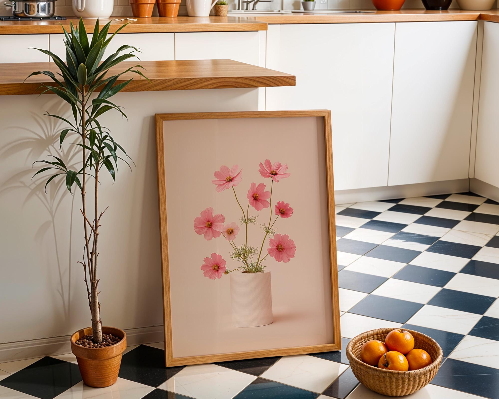 Pink Cosmo Floral Toilet Roll Bathroom Wall Art