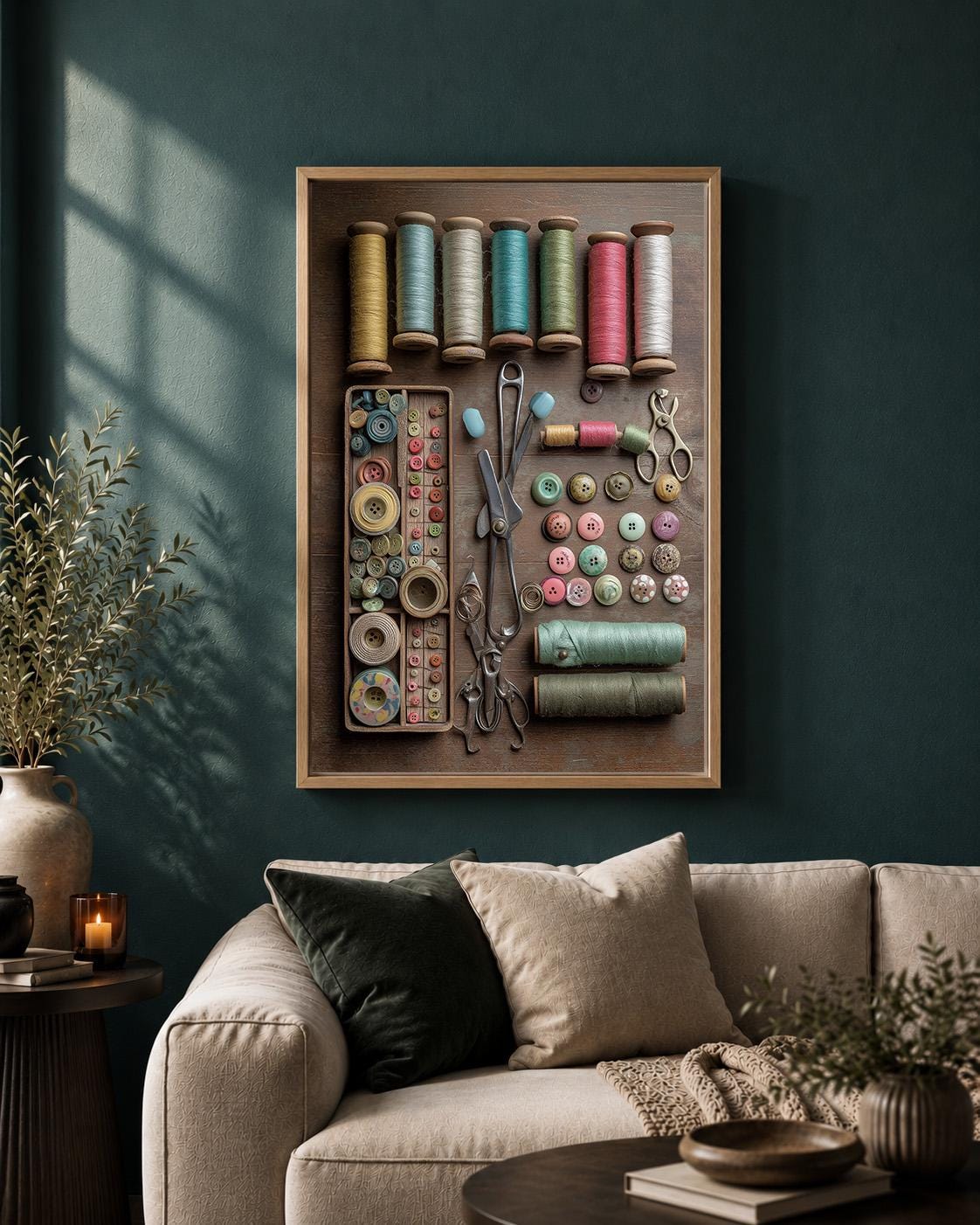 Vintage Sewing Supplies Framed Canvas