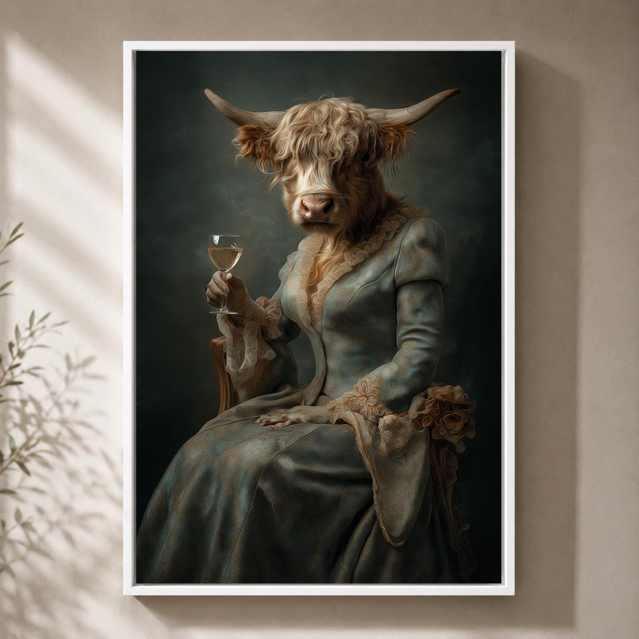 Victorian Highland Cow Lady Framed Canvas