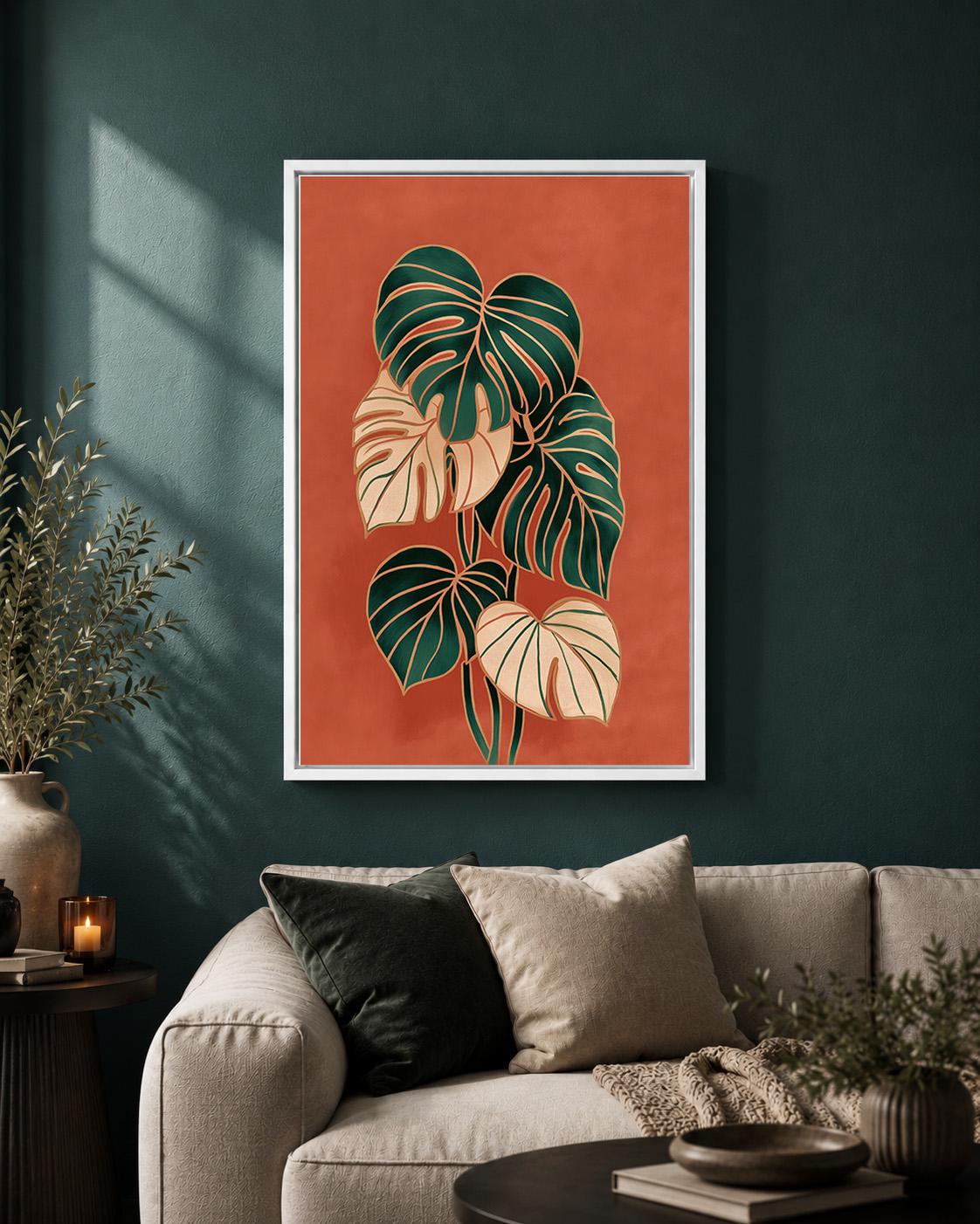Terracotta Tropical Monstera Leaf Framed Canvas