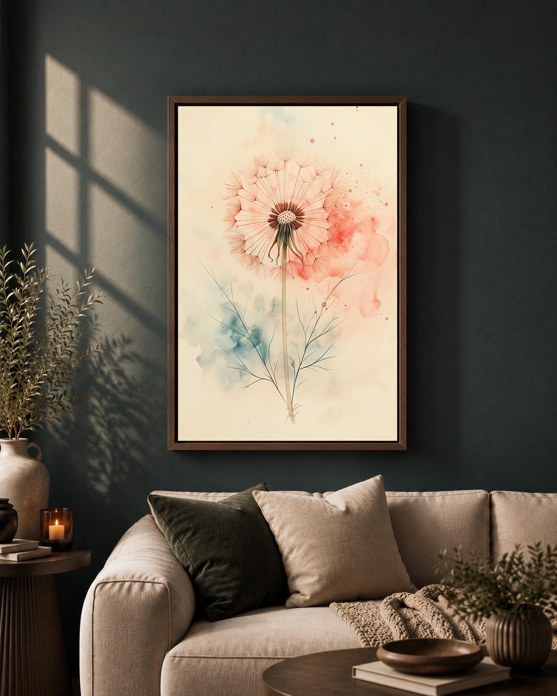 Watercolor Dandelion Neutral Framed Canvas