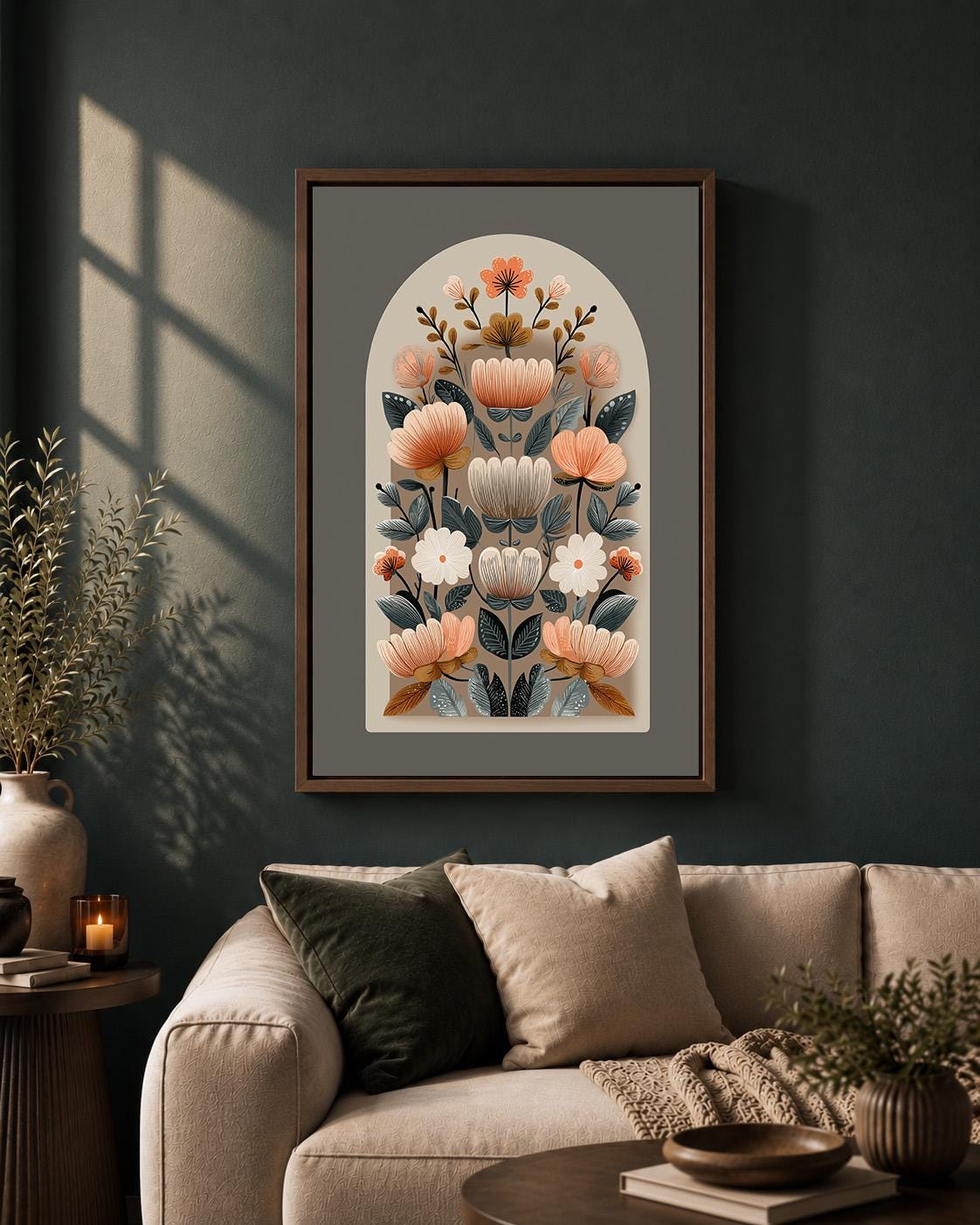 Scandinavian Neutral Folk Floral Framed Canvas