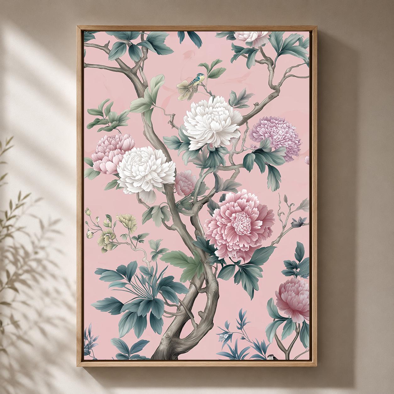Pink Chinoiserie Peony Floral Framed Canvas