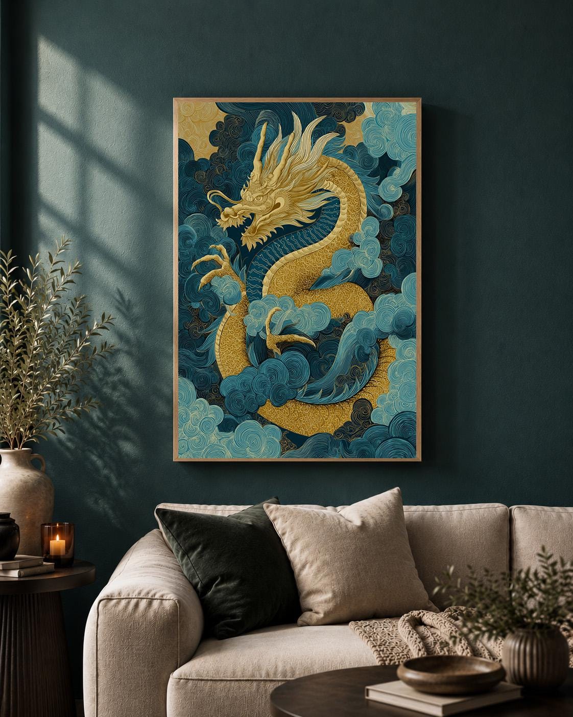 Blue & Gold Japanese Dragon Framed Canvas